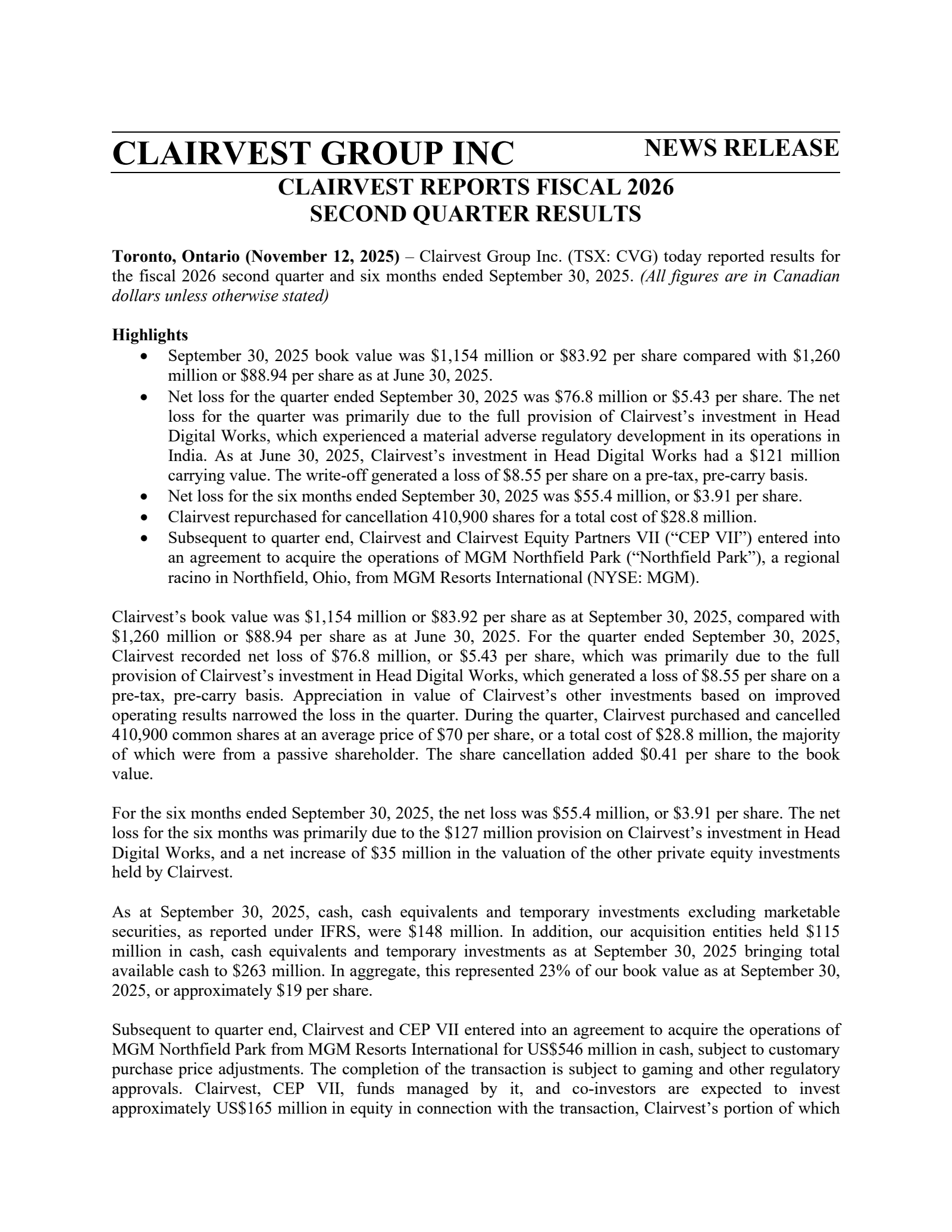 Clairvest Group's Q2 2026 Press Release