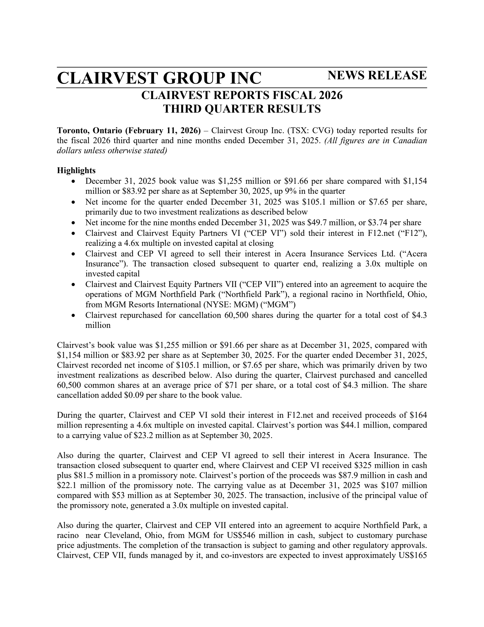 Clairvest Group's Q3 2026 Press Release