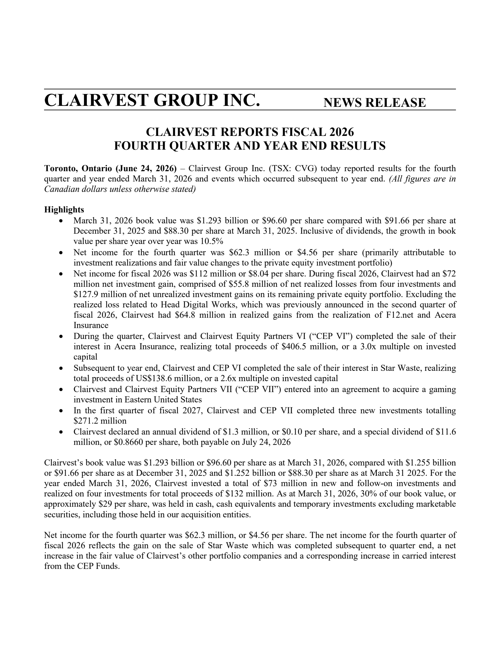 Clairvest Group's Q4 2026 Press Release