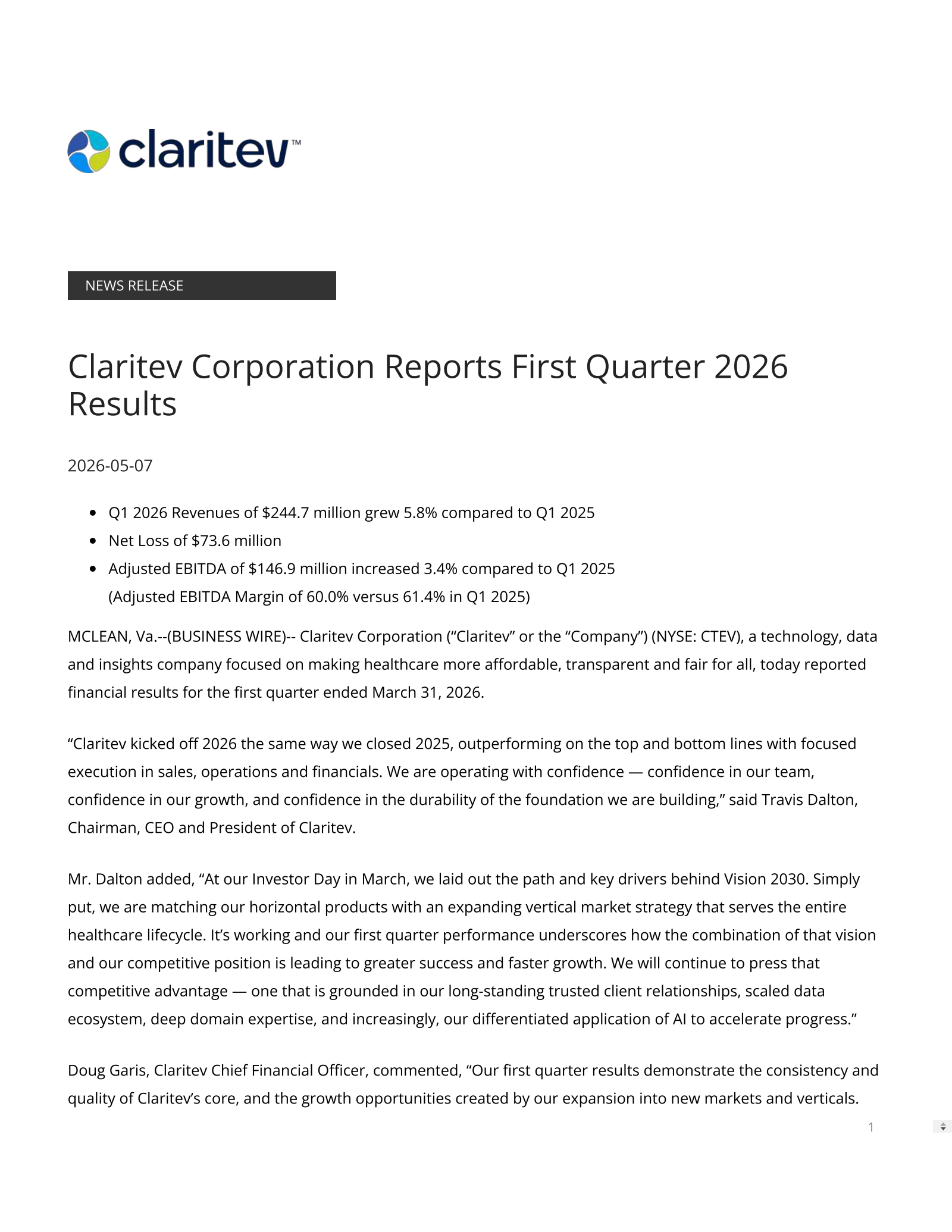 Claritev's Q1 2026 Press Release