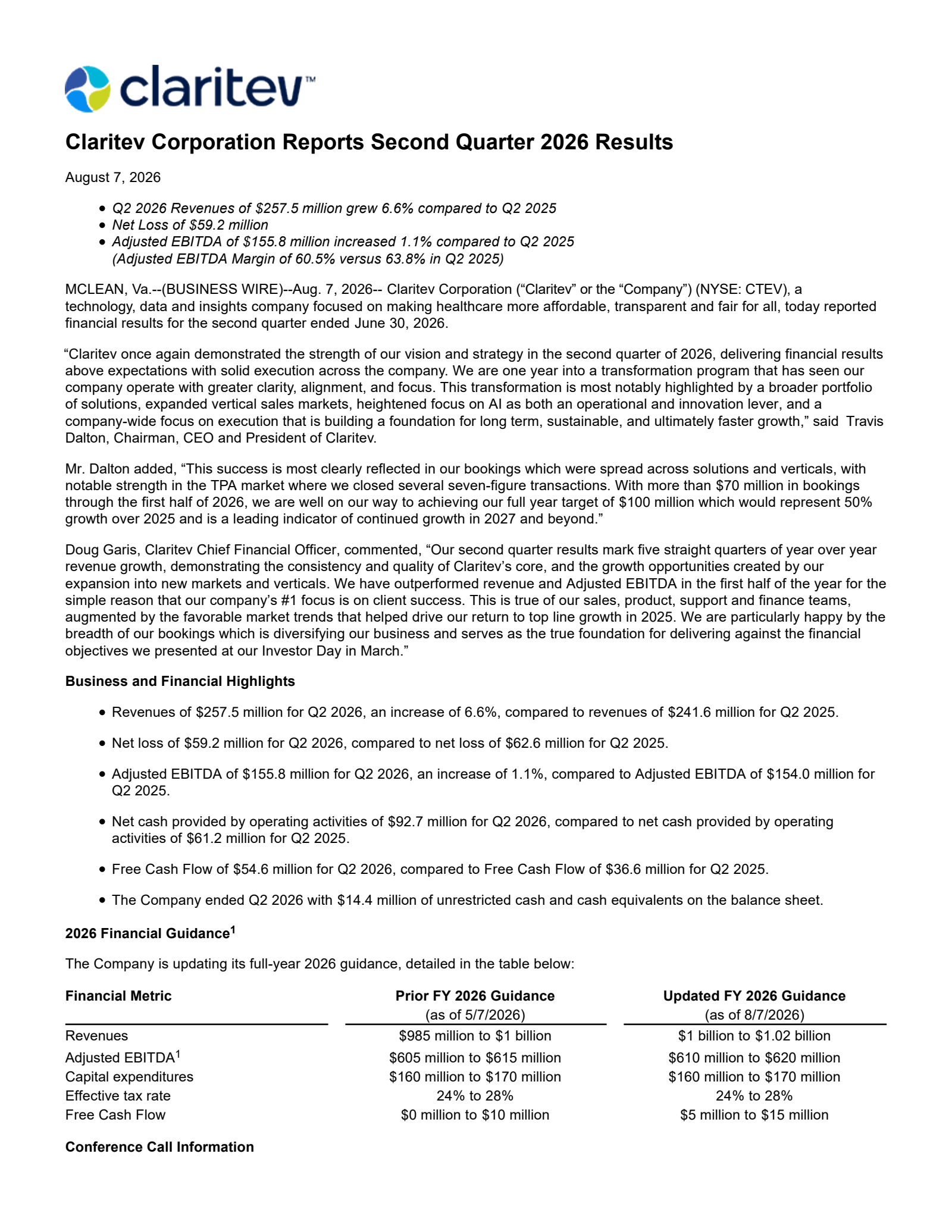 Claritev's Q2 2026 Press Release