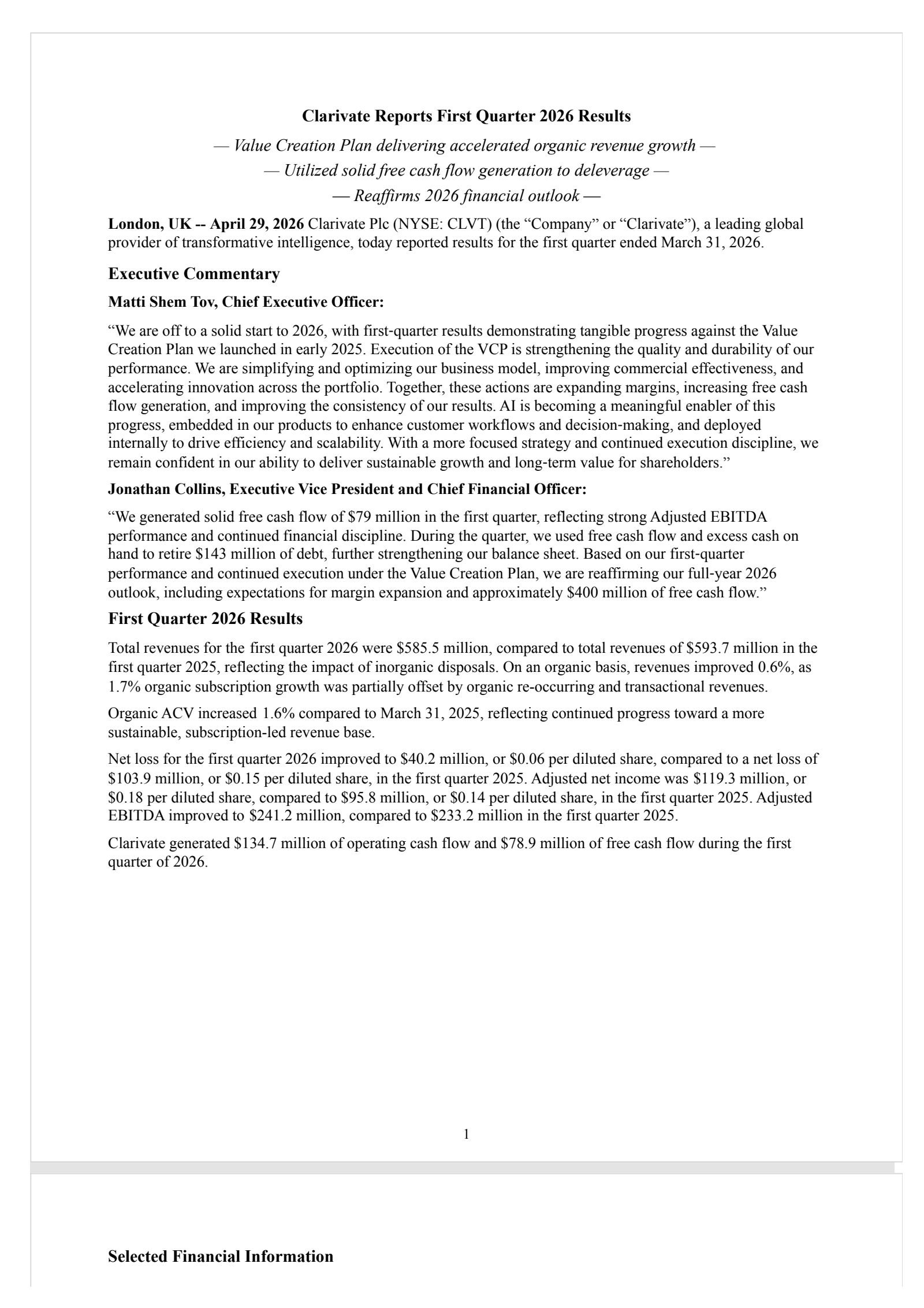 Clarivate's Q1 2026 Press Release