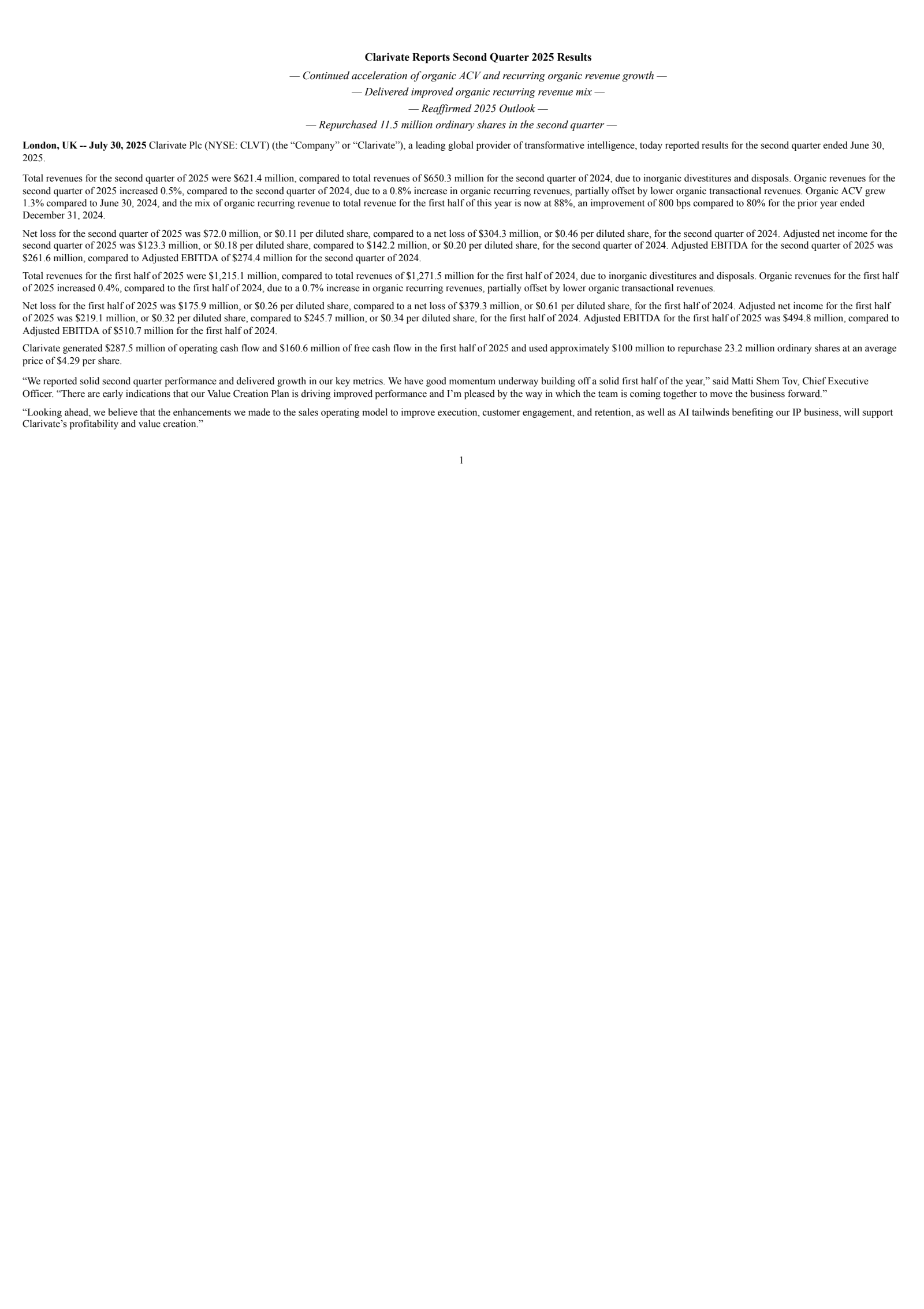 Clarivate's Q2 2025 Press Release