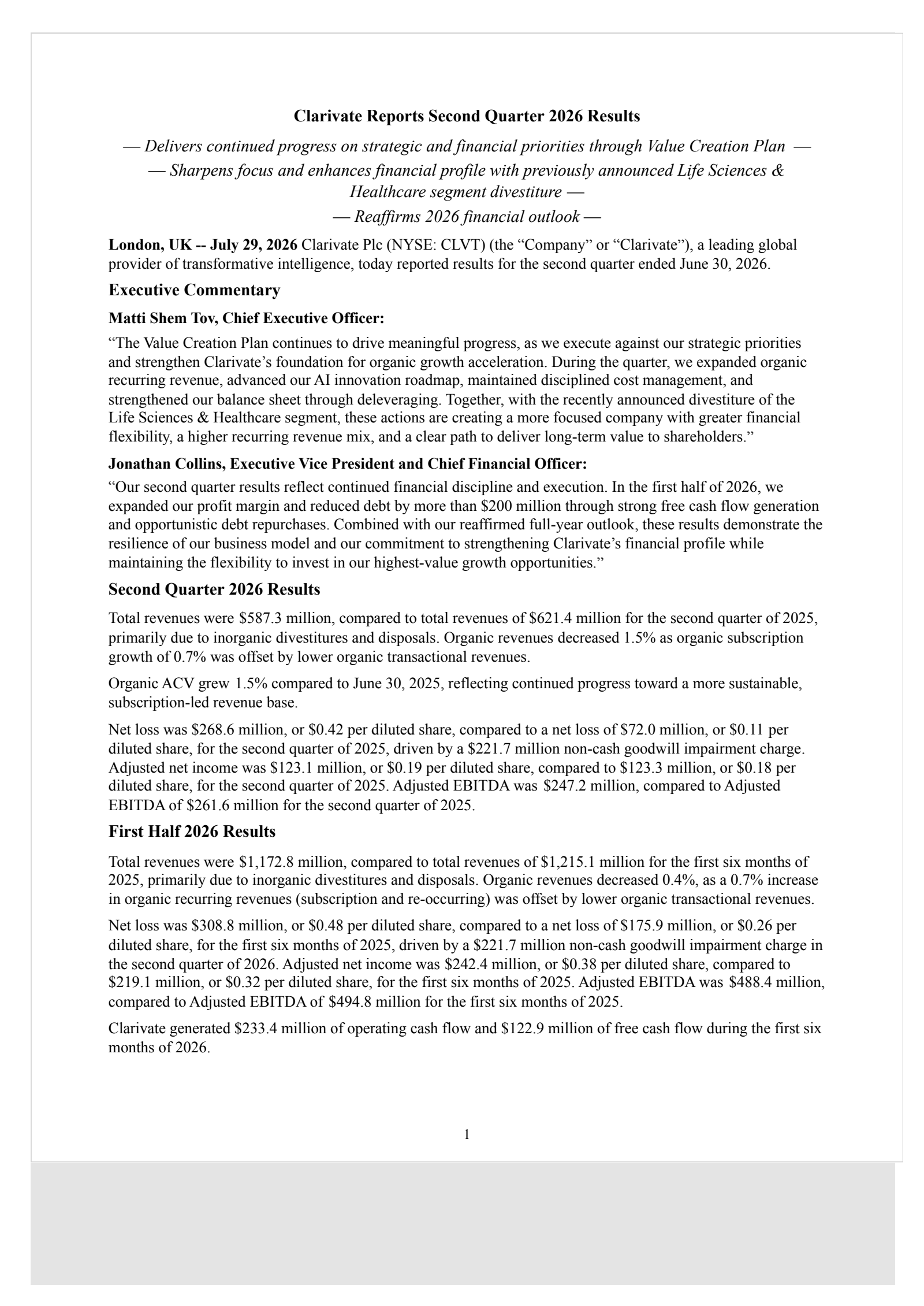 Clarivate's Q2 2026 Press Release