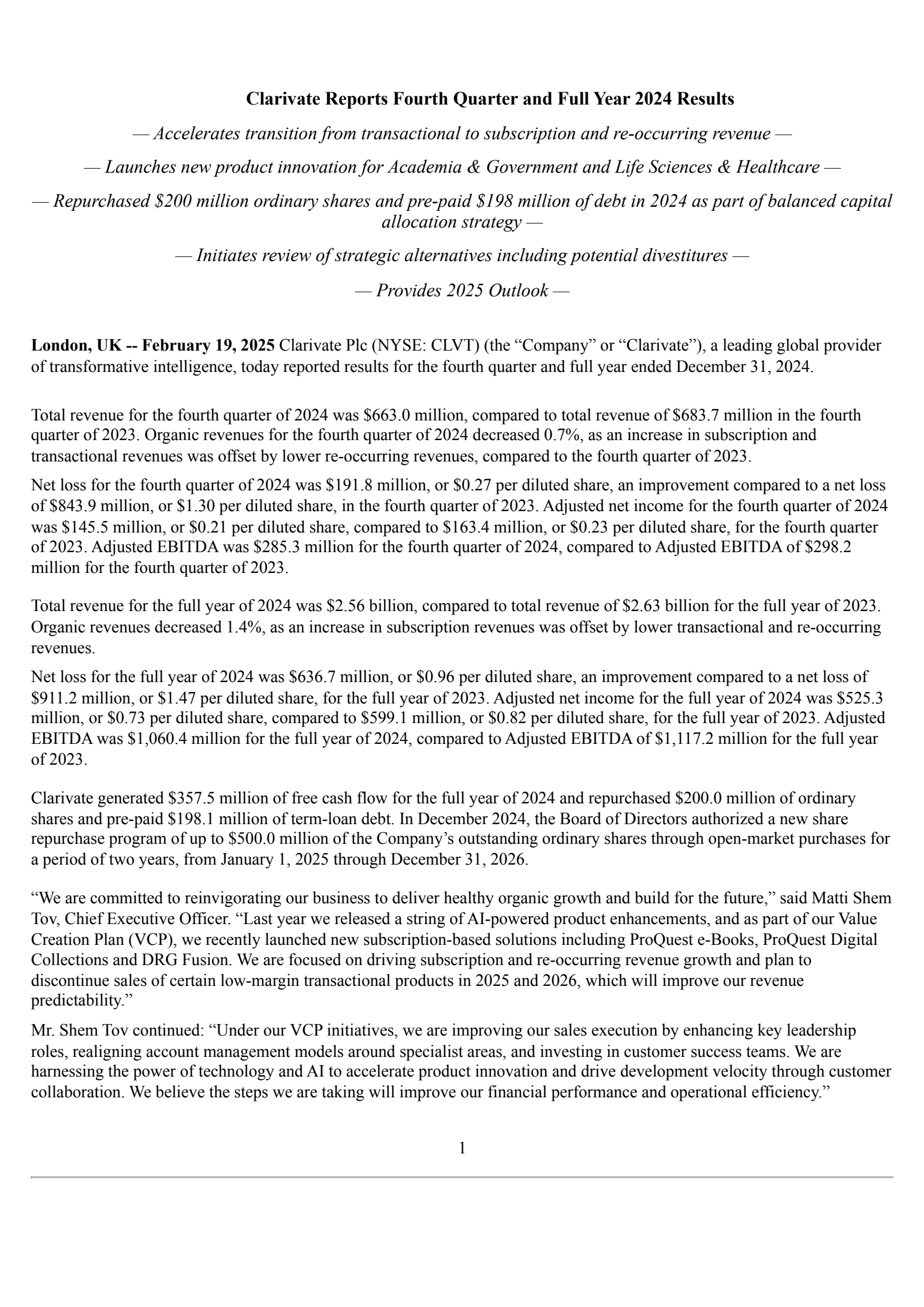 Clarivate's Q4 2024 Press Release