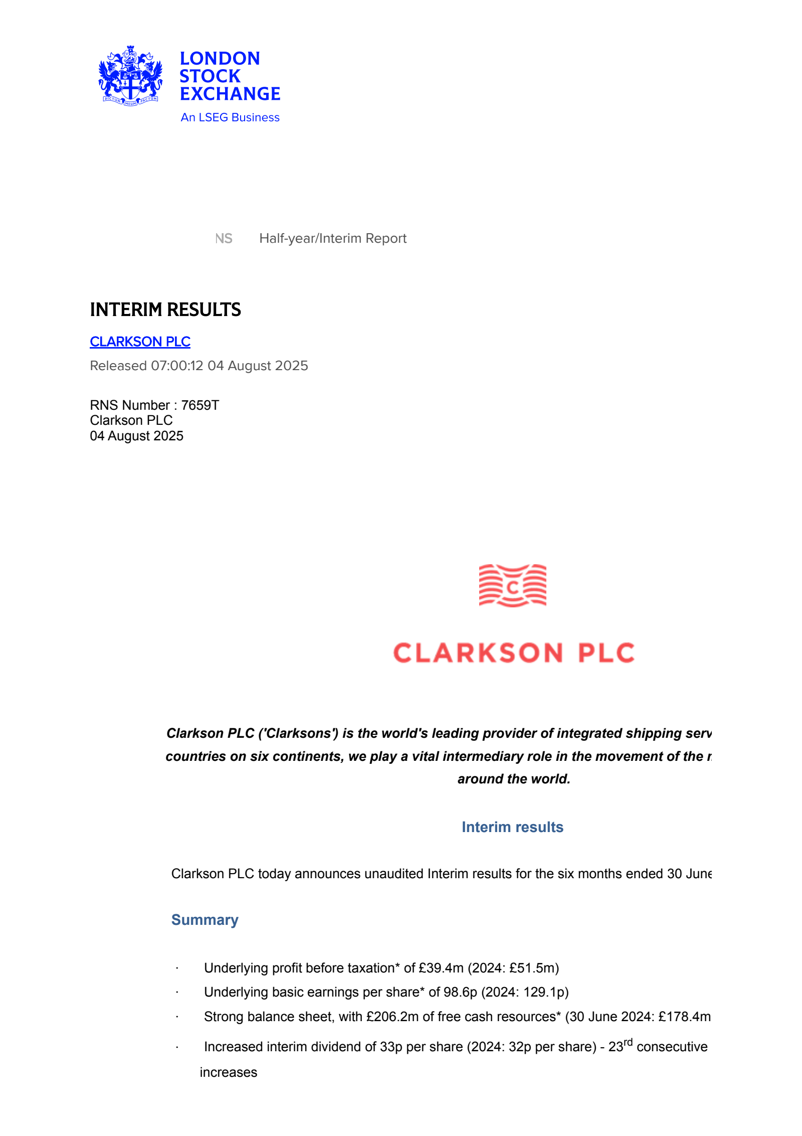 Clarkson's H1 2025 Interim report