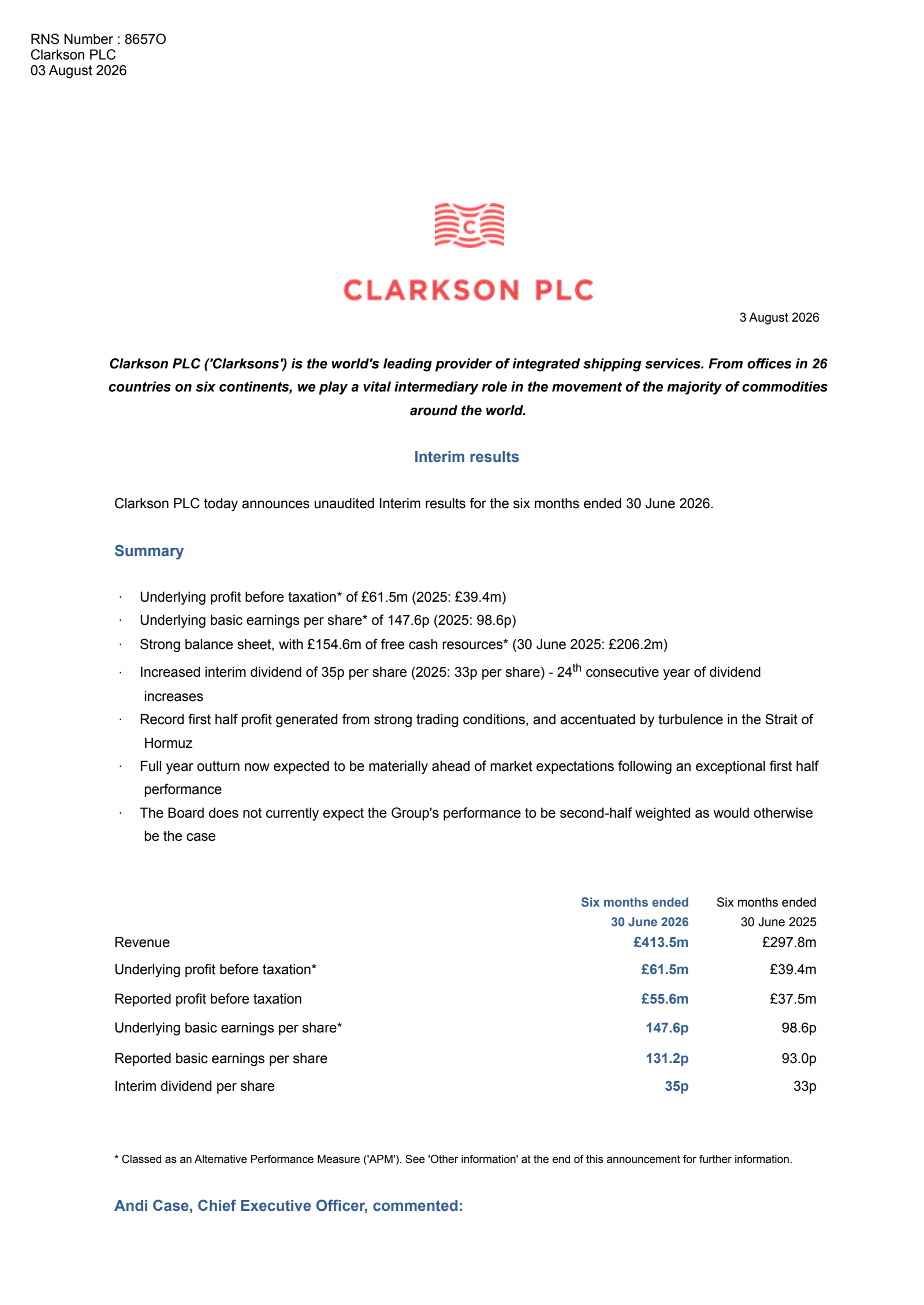 Clarkson's H1 2026 Interim report