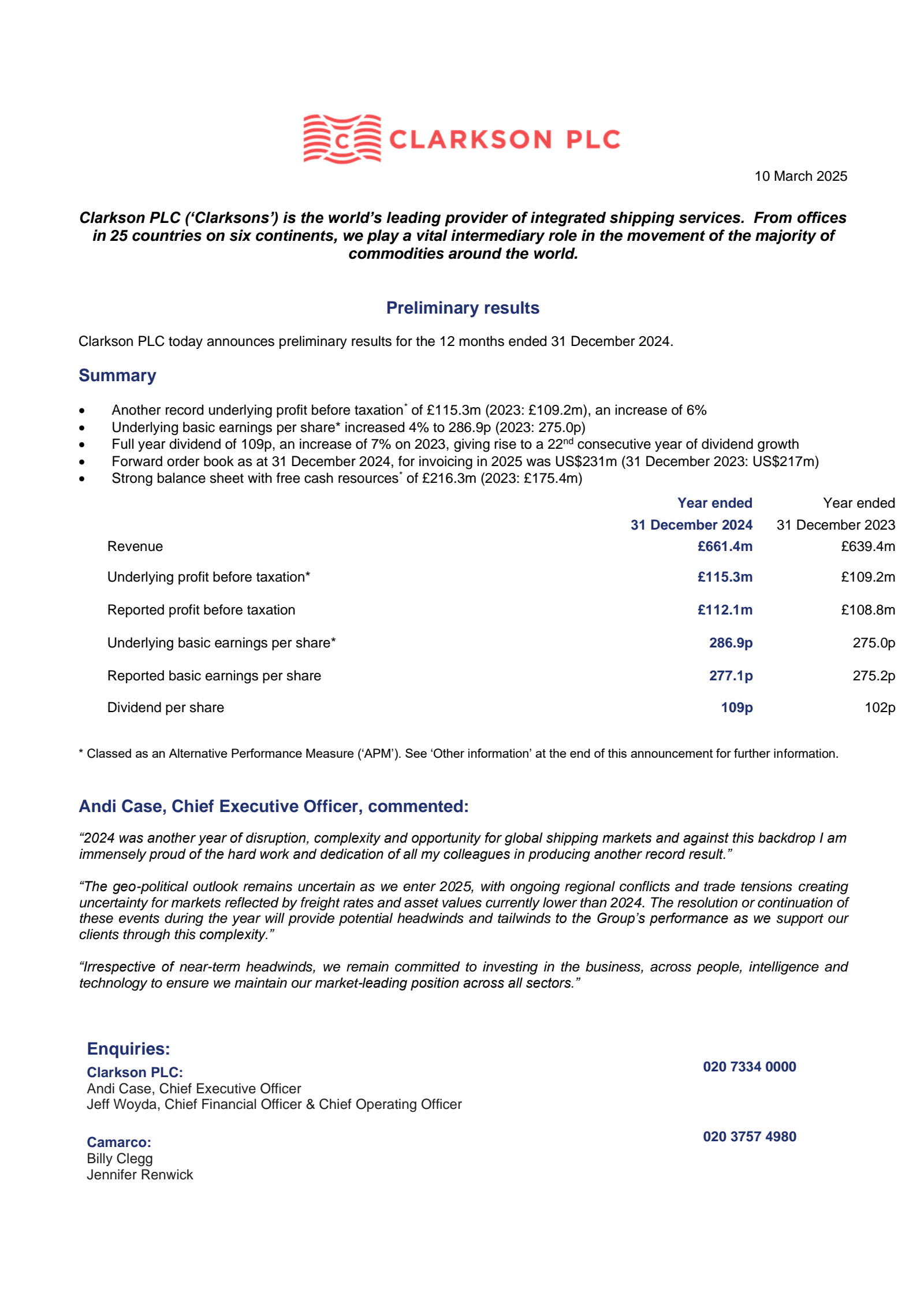 Clarkson's H2 2024 Interim report