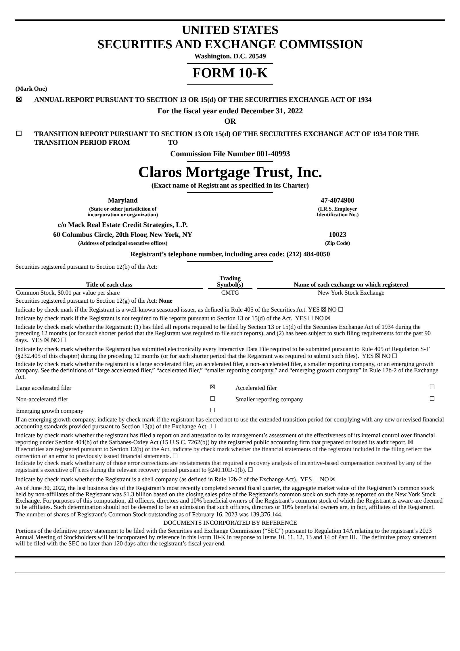 Claros Mortgage Trust's Q4 2022 Annual report