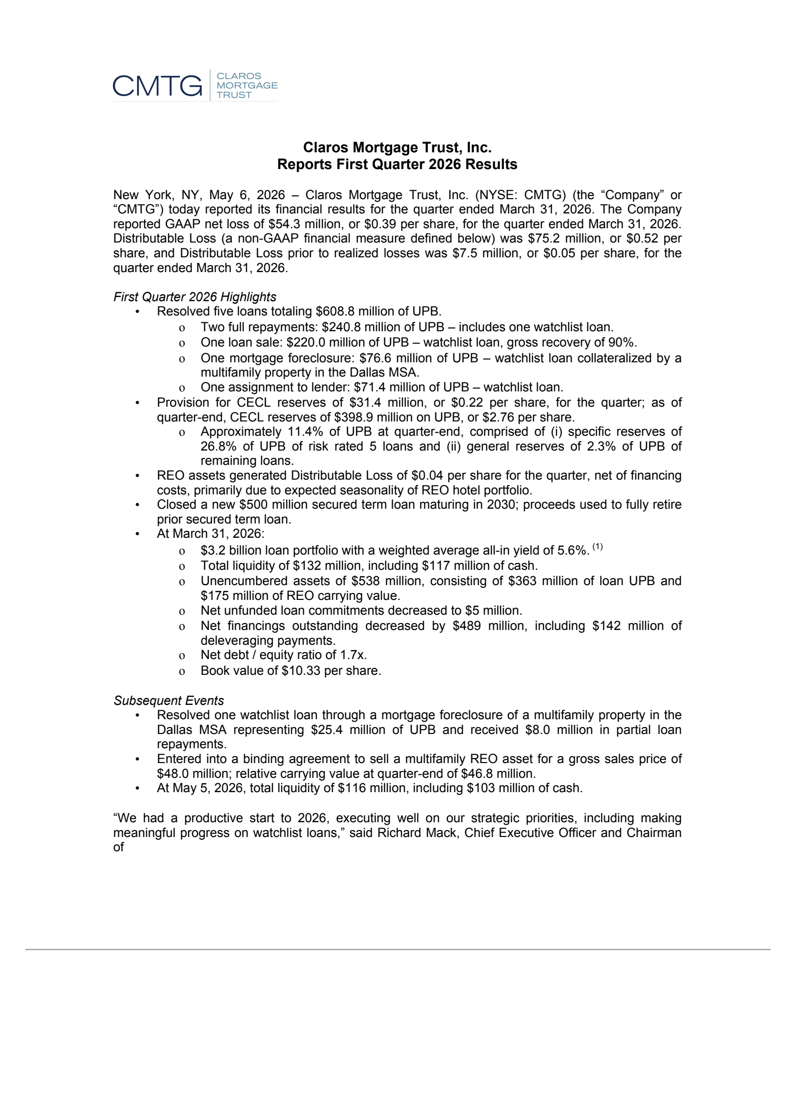 Claros Mortgage Trust's Q1 2026 Press Release
