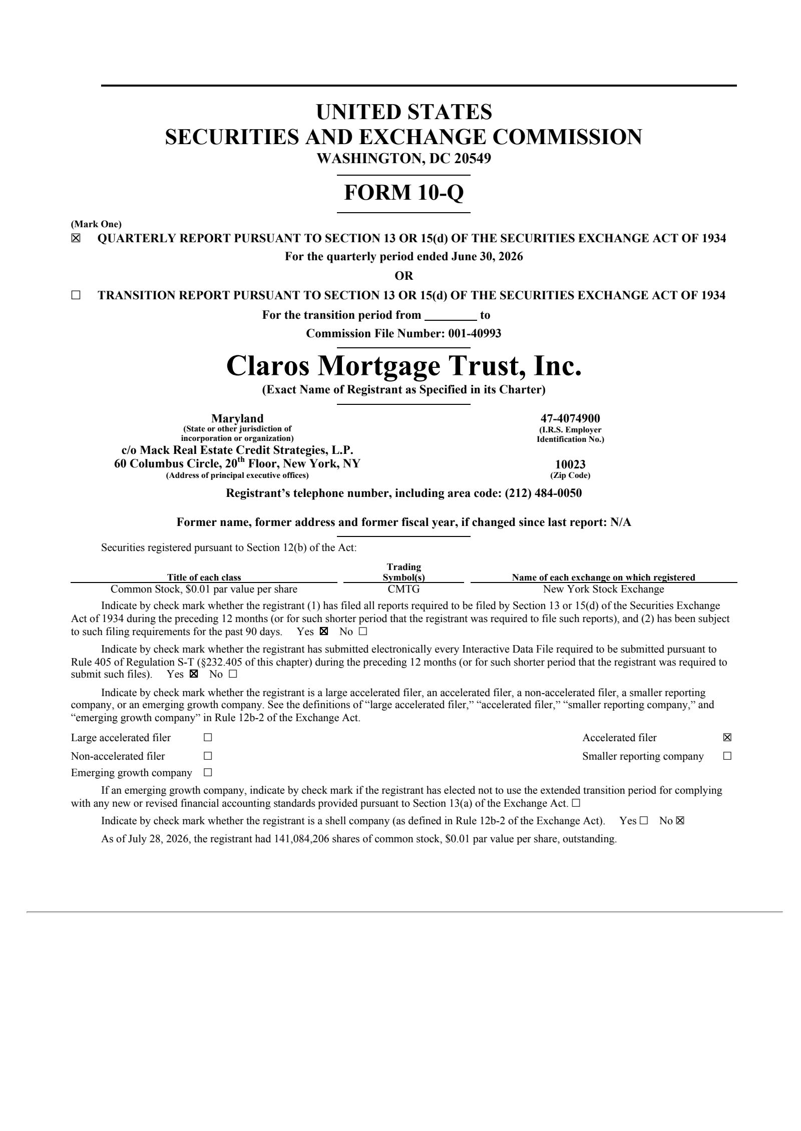 Claros Mortgage Trust's Q2 2026 Quarterly report