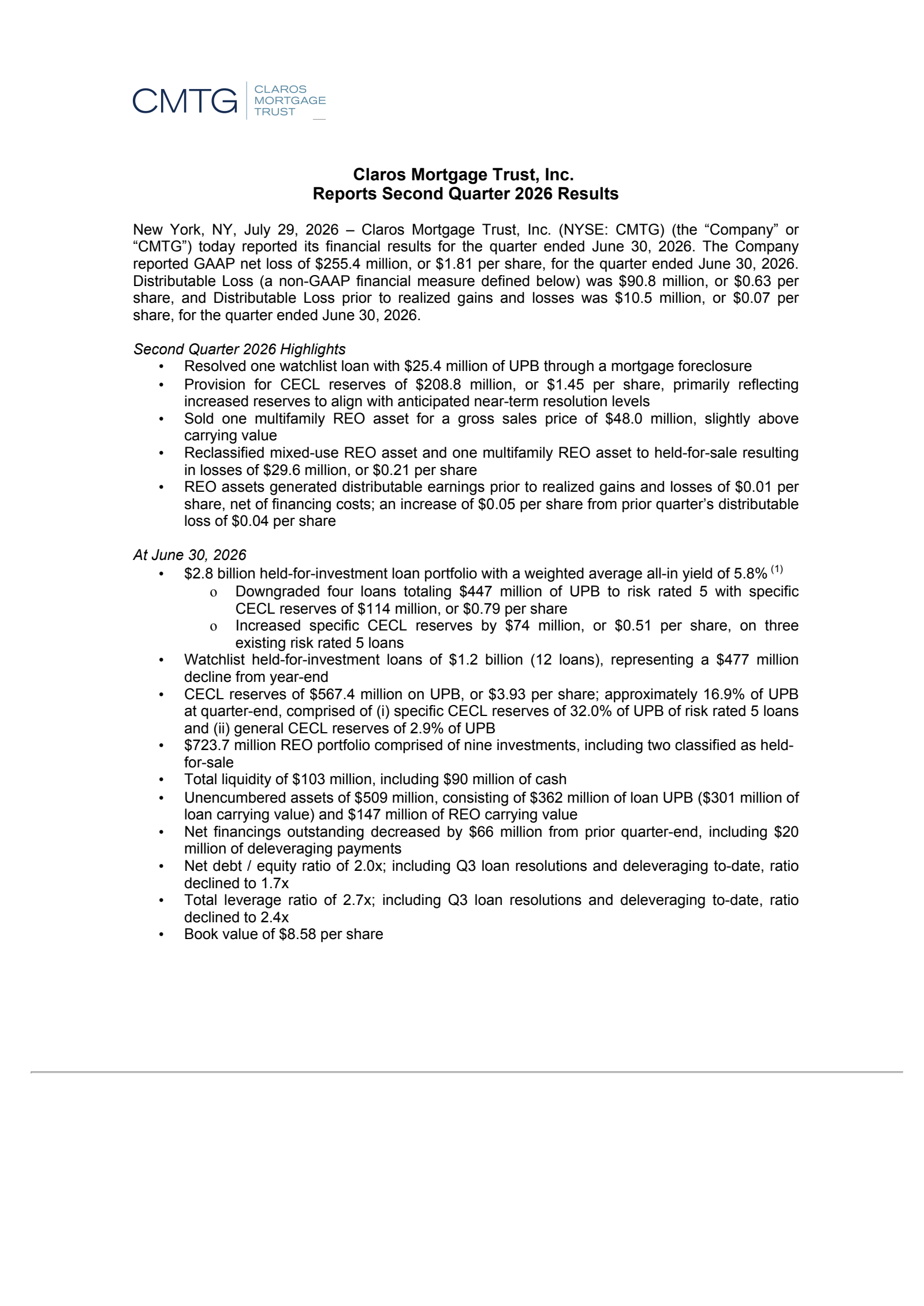 Claros Mortgage Trust's Q2 2026 Press Release