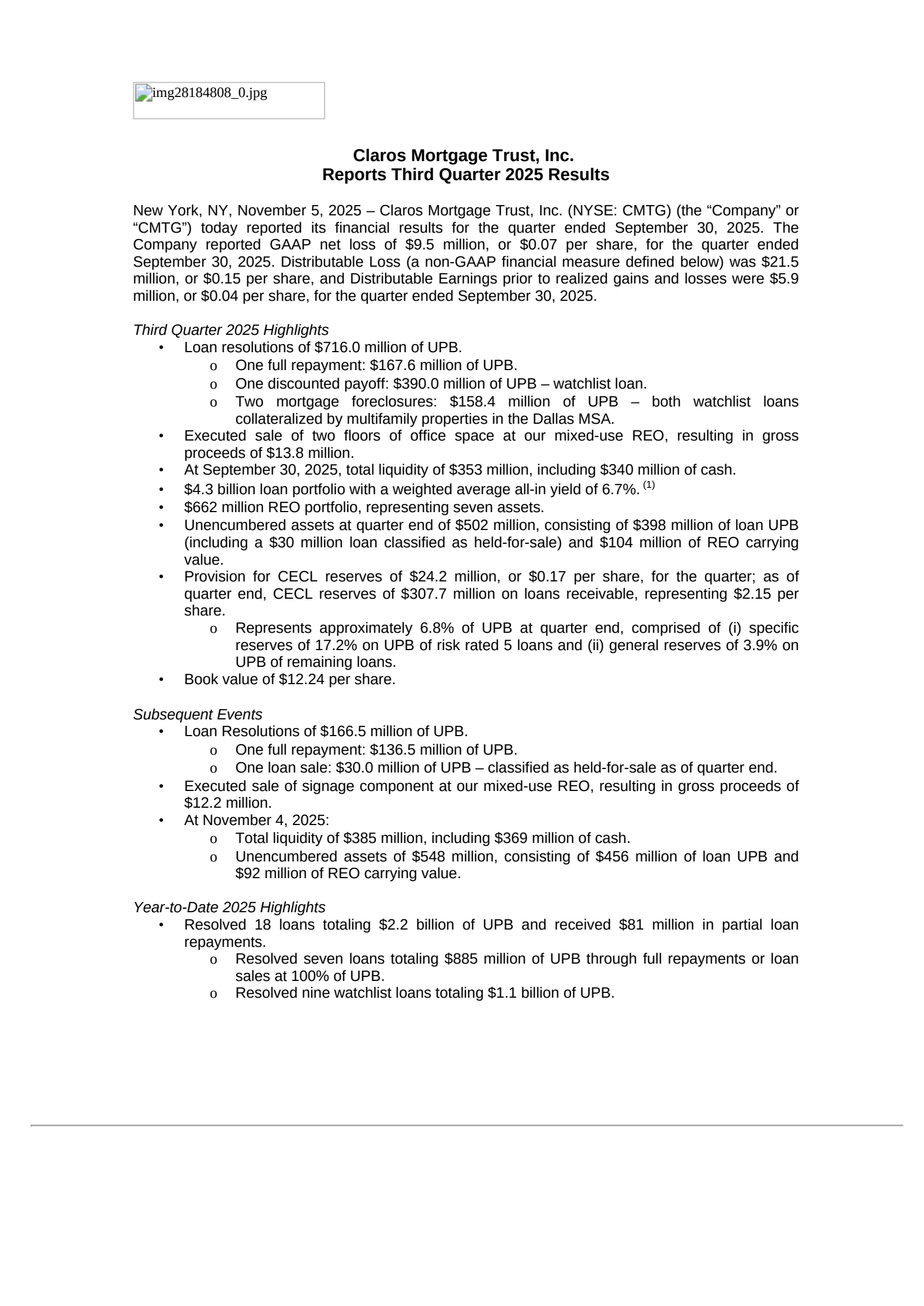 Claros Mortgage Trust's Q3 2025 Earnings Release