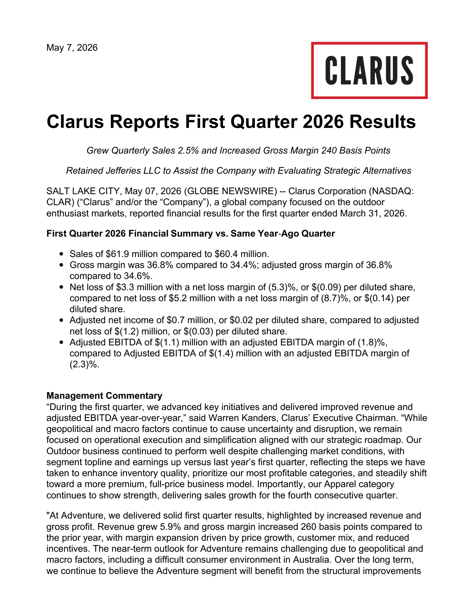 Clarus' Q1 2026 Press Release