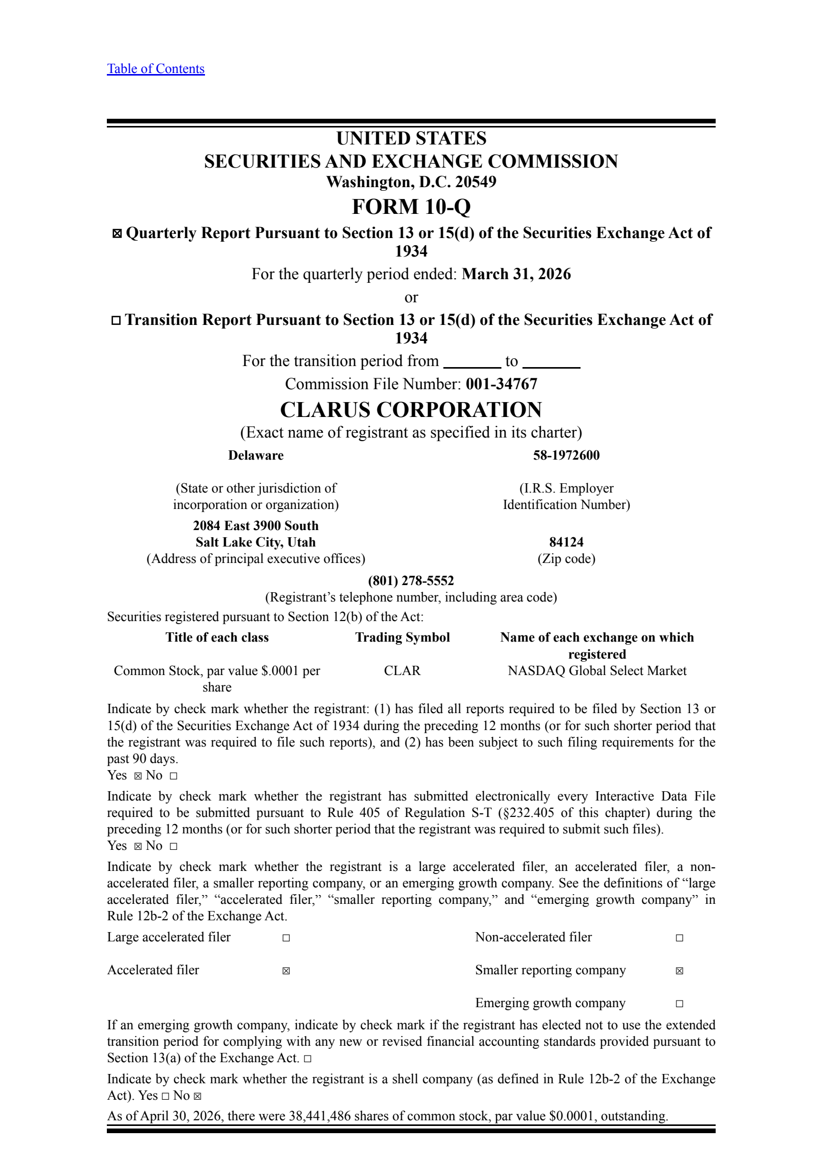 Clarus' Q1 2026 Quarterly report