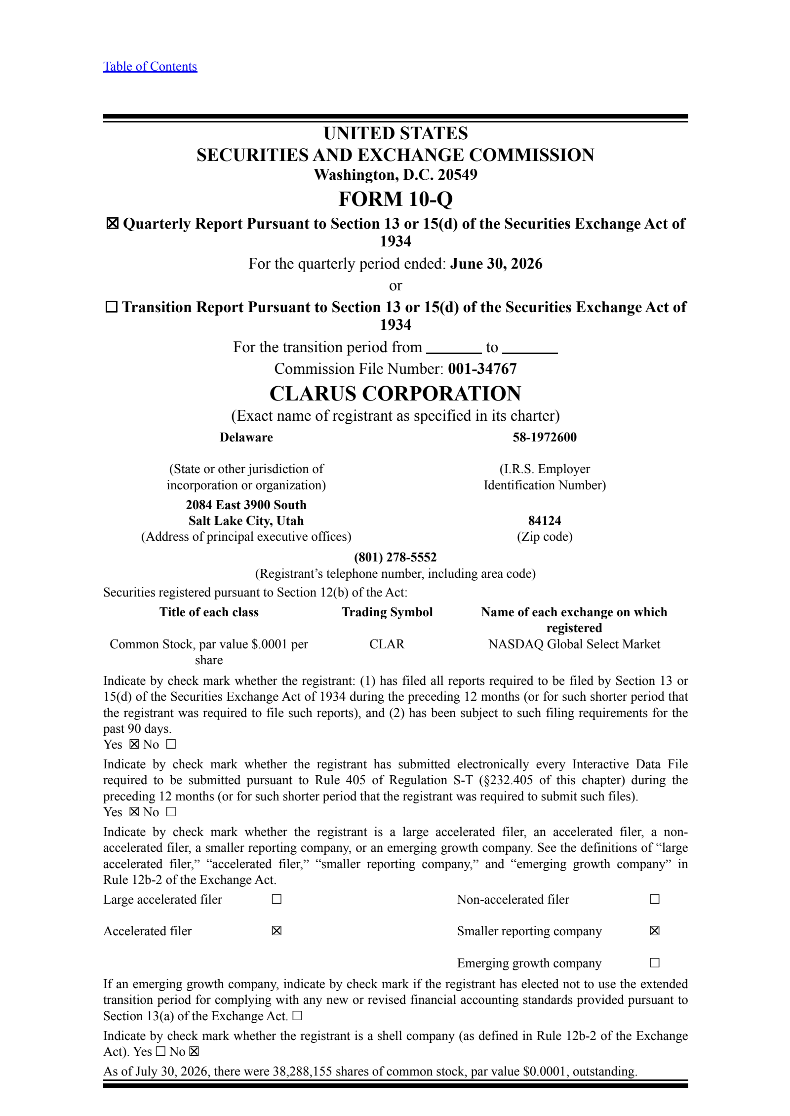 Clarus' Q2 2026 Quarterly report