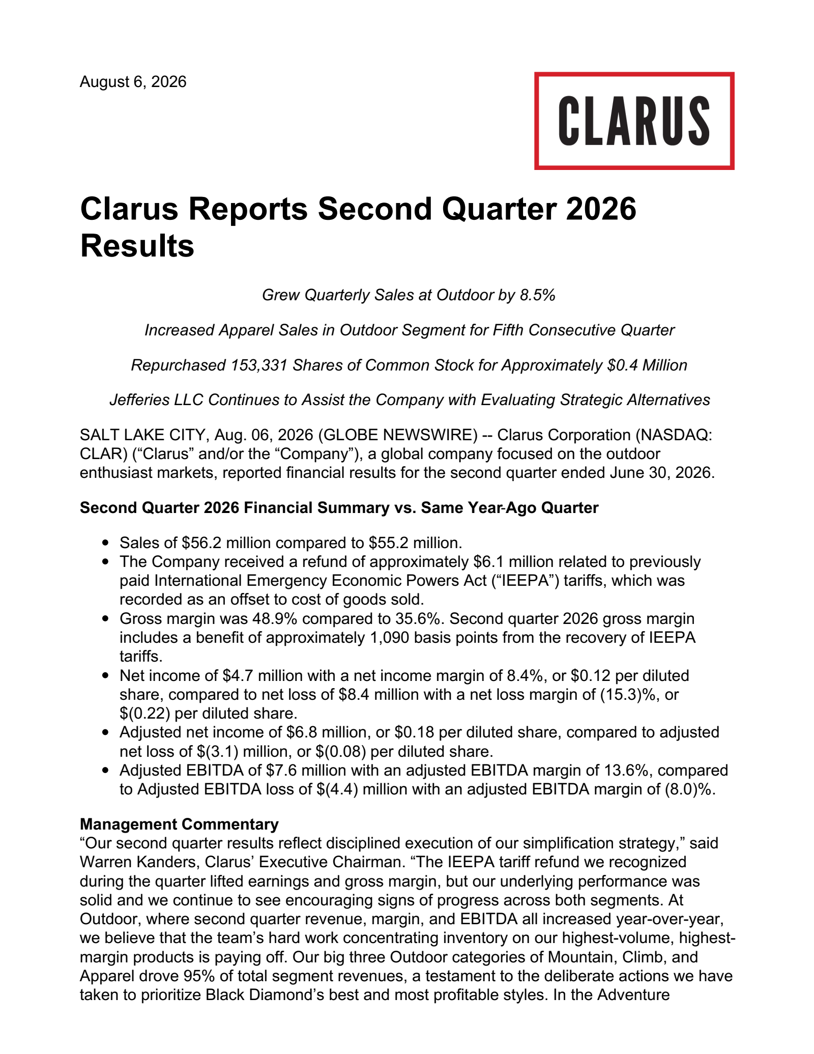 Clarus' Q2 2026 Press Release