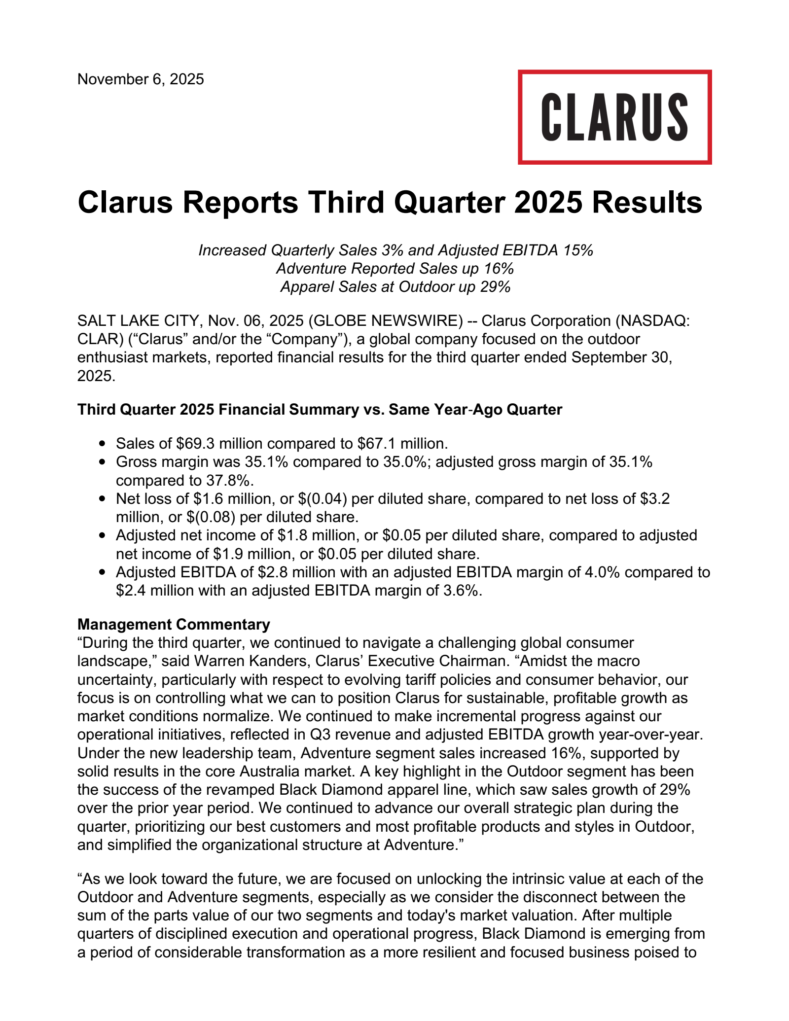 Clarus' Q3 2025 Earnings Release