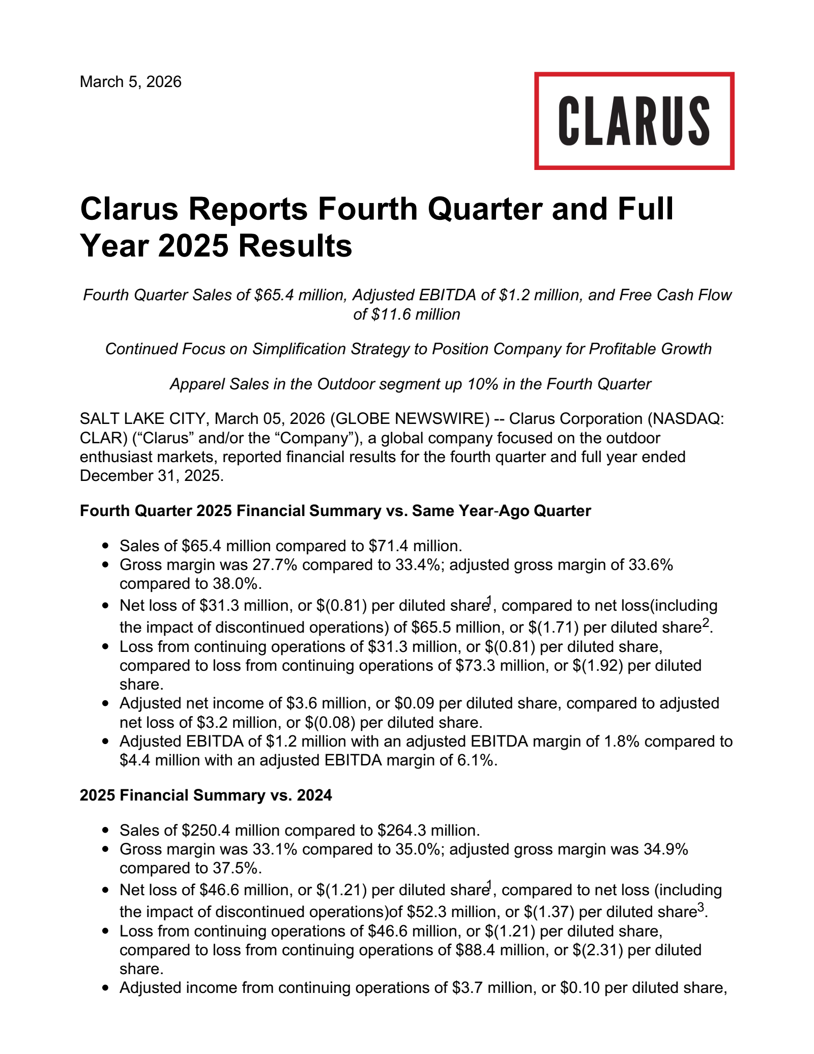 Clarus' Q4 2025 Press Release