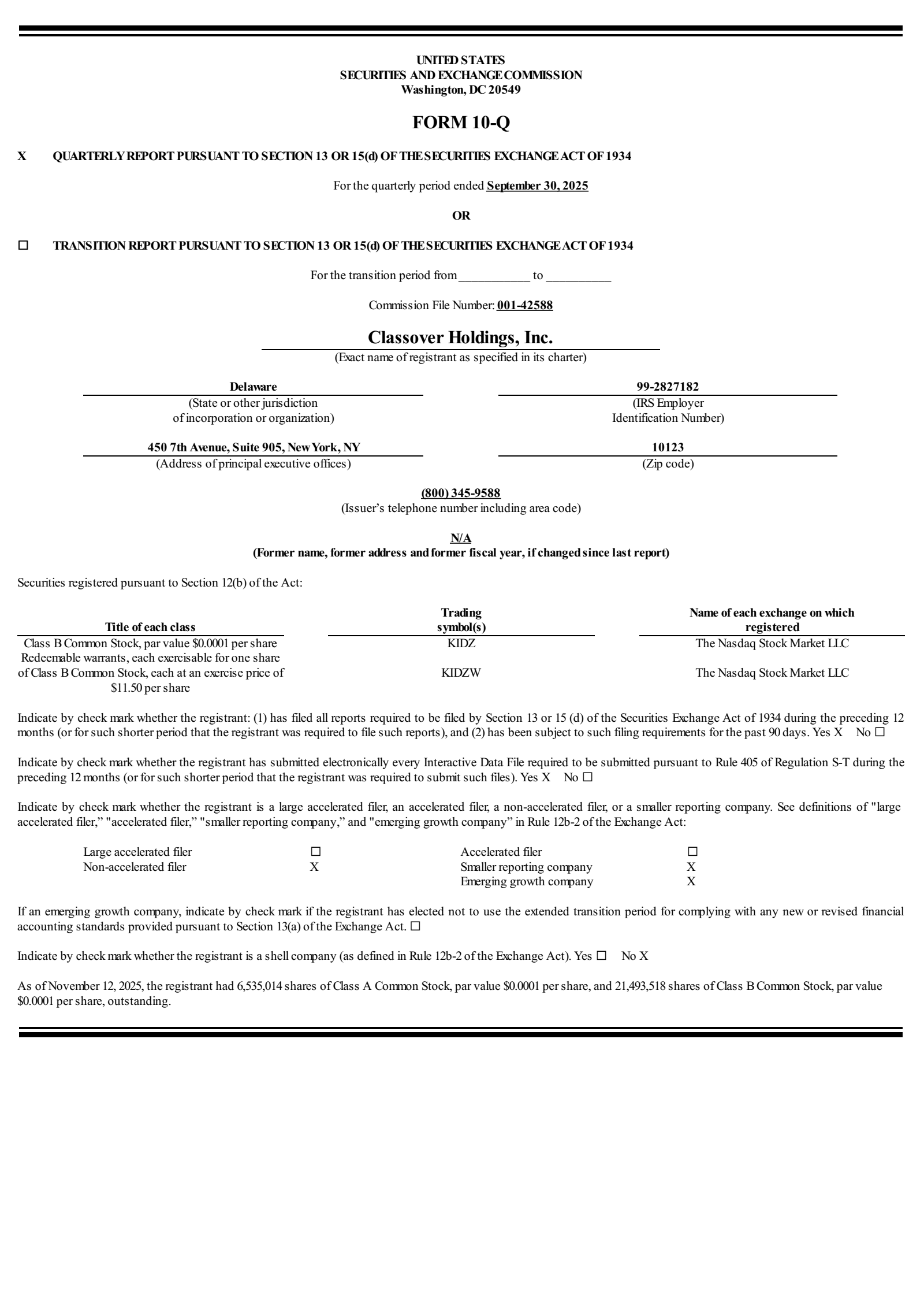 Classover's Q3 2025 Quarterly report