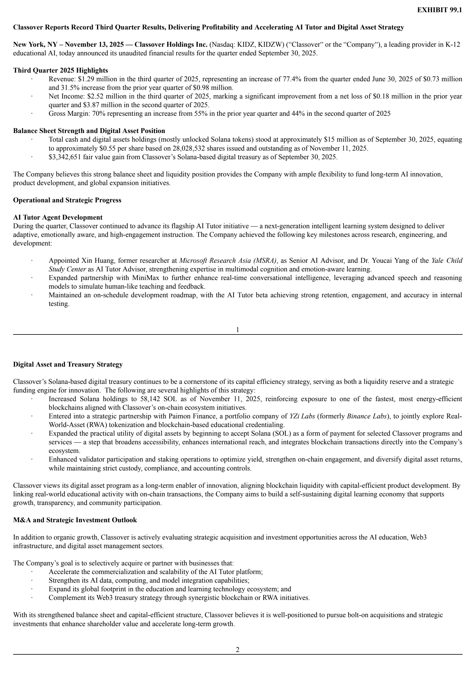 Classover's Q3 2025 Press Release