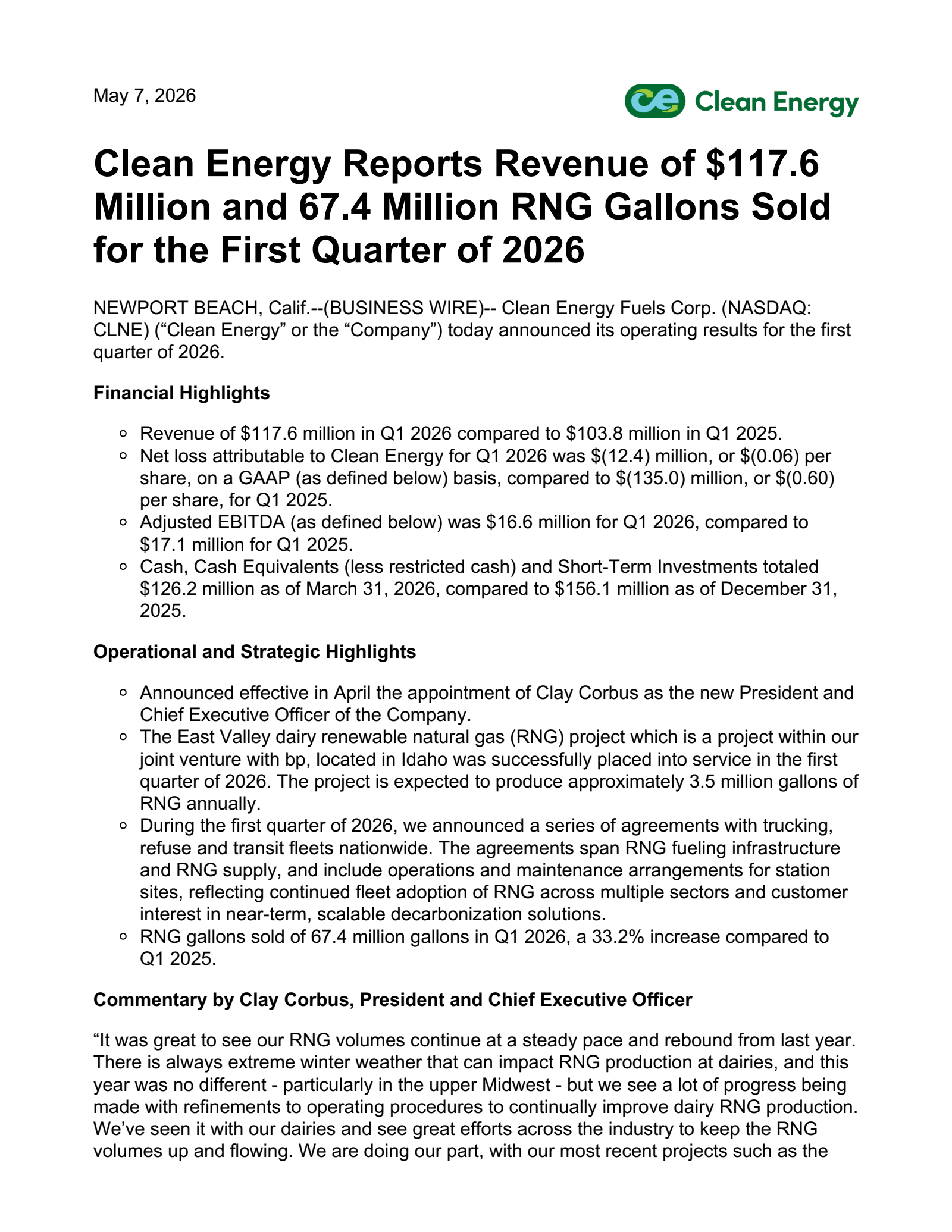 Clean Energy Fuels' Q1 2026 Press Release