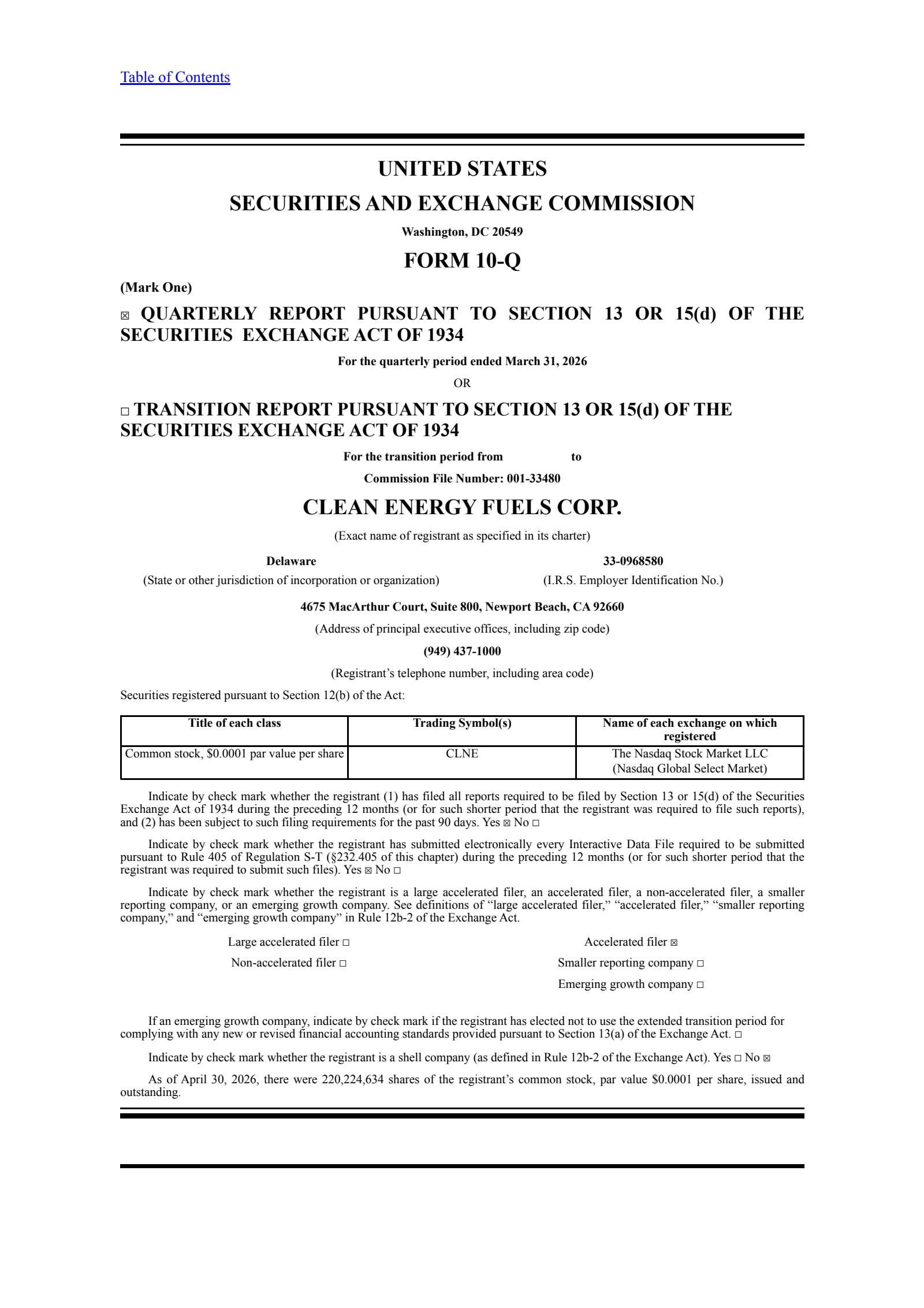 Clean Energy Fuels' Q1 2026 Quarterly report