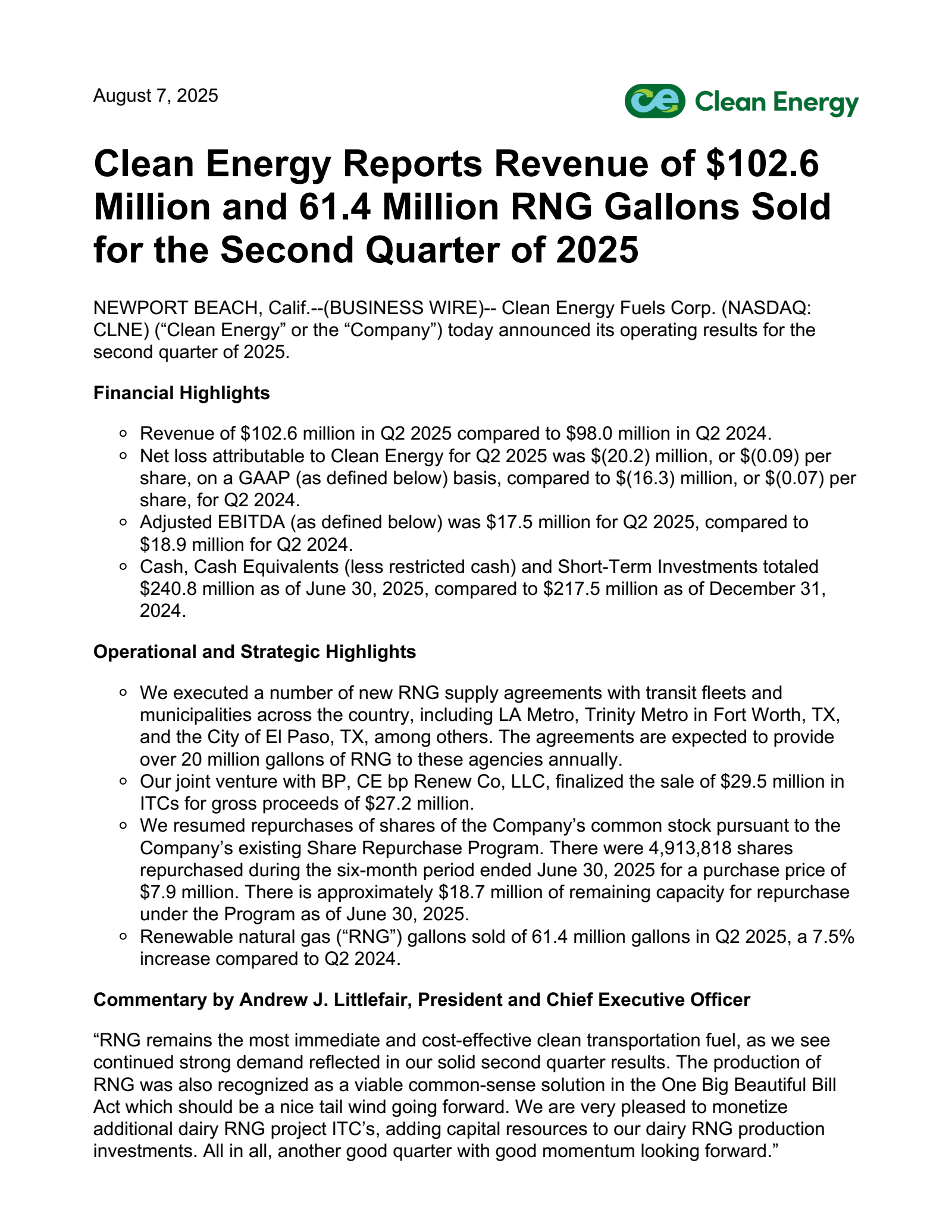 Clean Energy Fuels' Q2 2025 Press Release