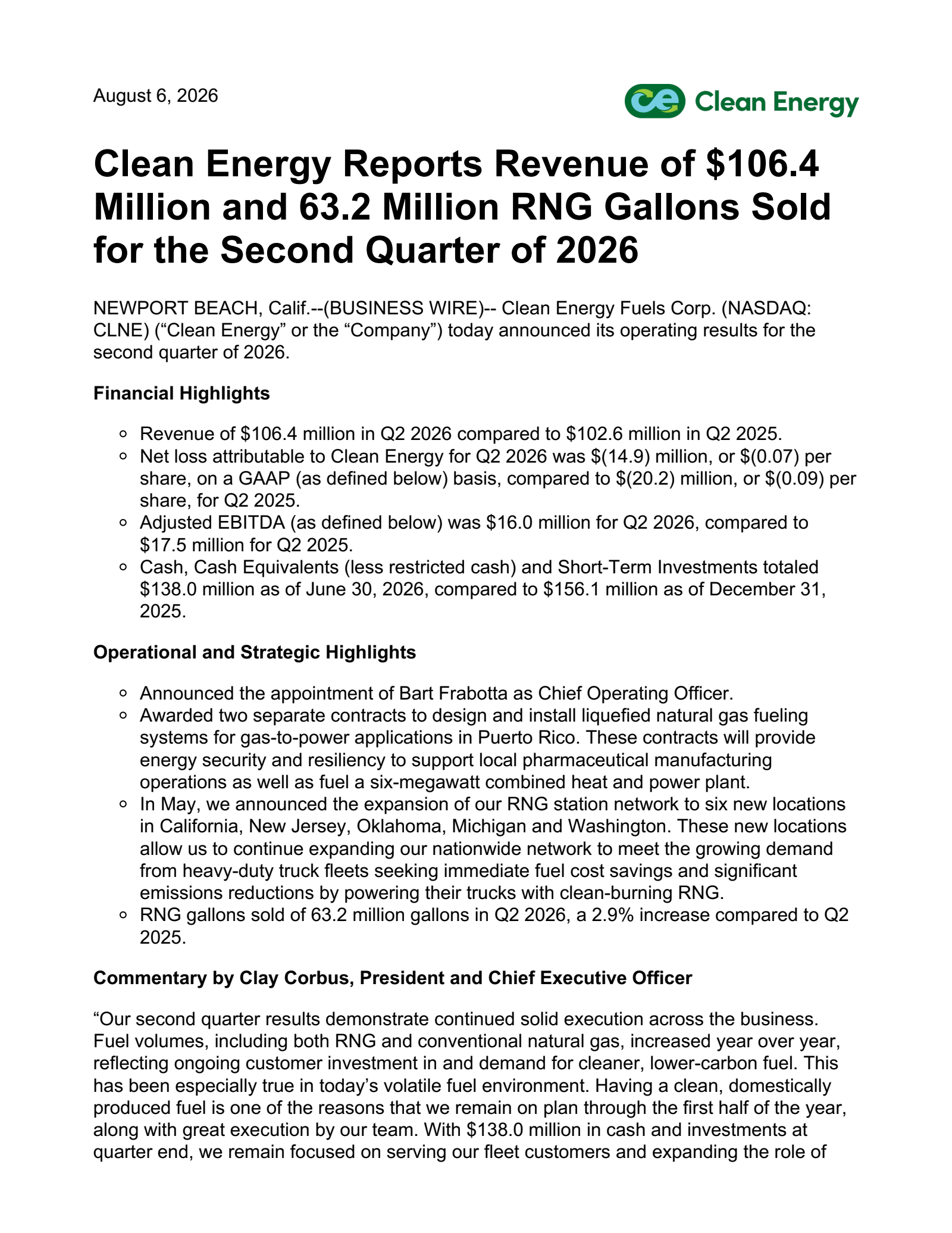 Clean Energy Fuels' Q2 2026 Press Release