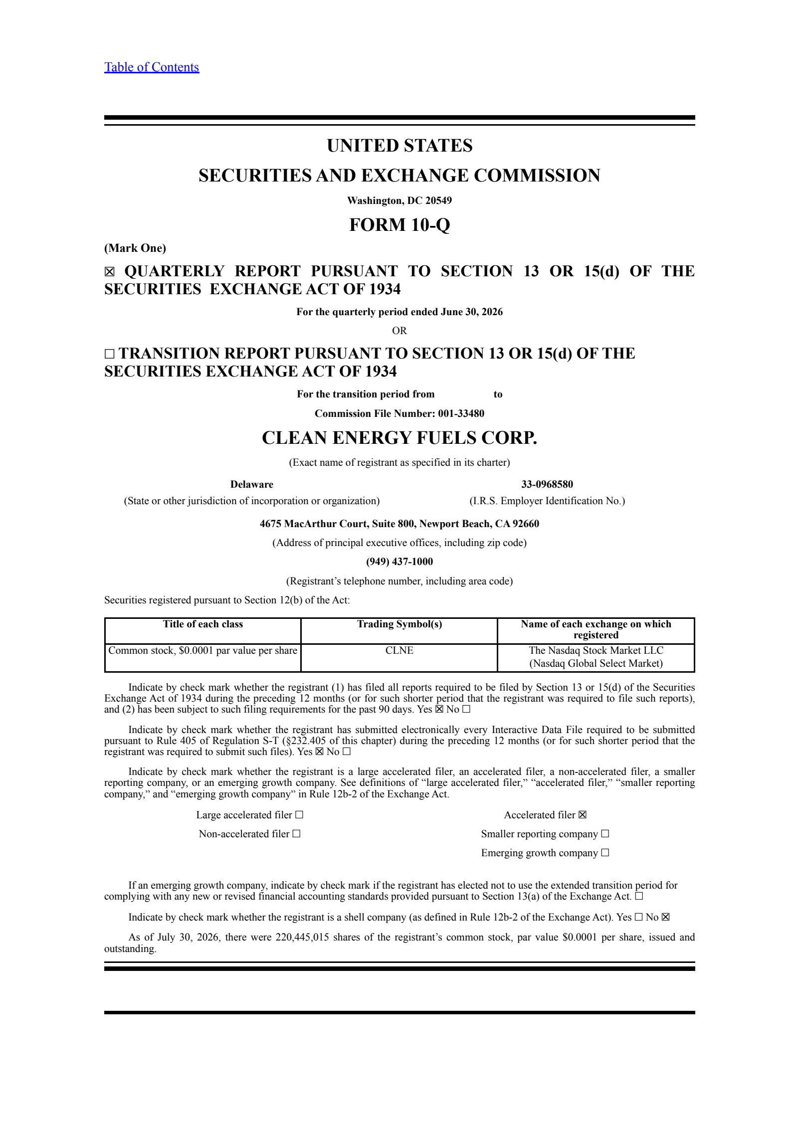 Clean Energy Fuels' Q2 2026 Quarterly report