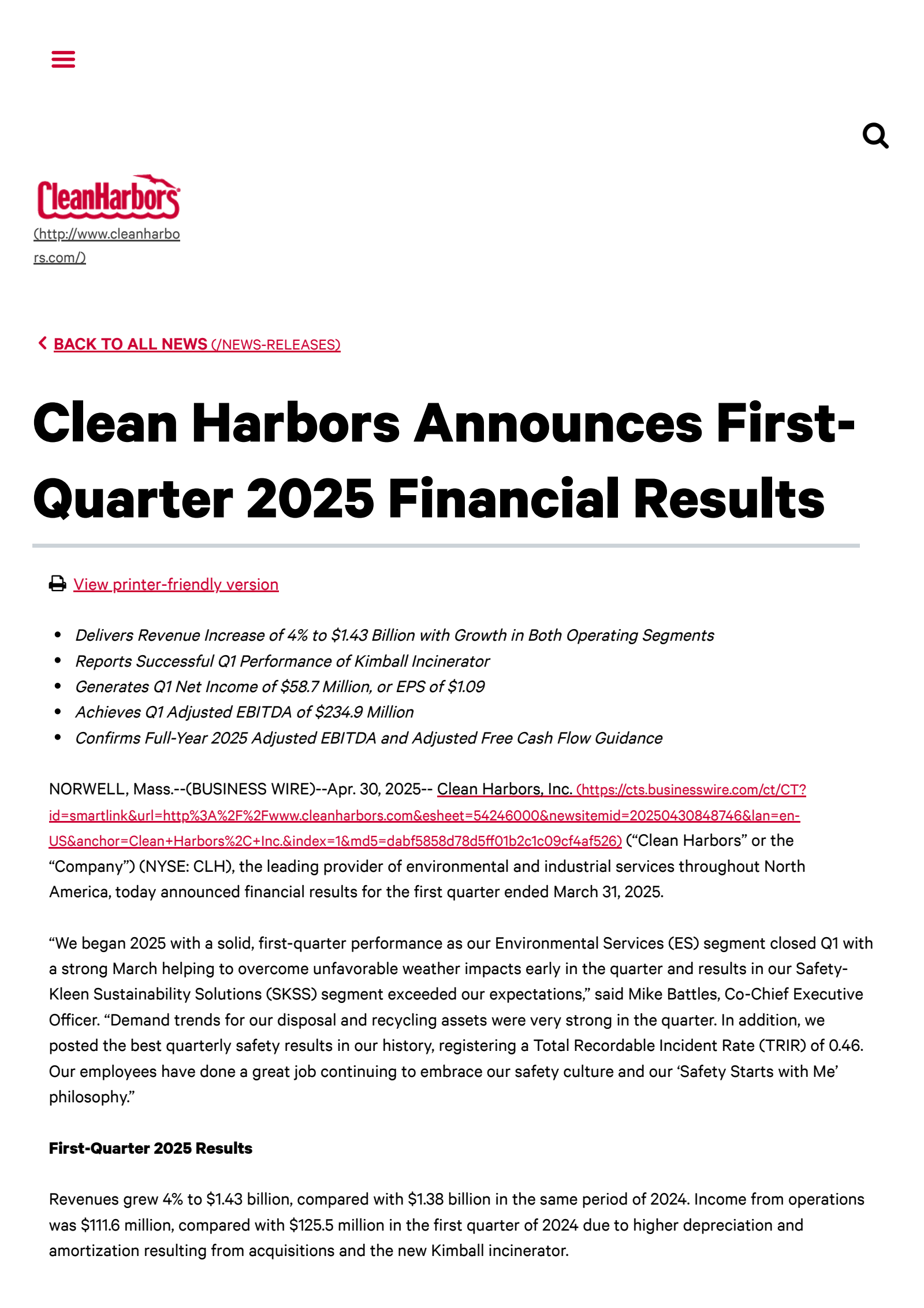 Clean Harbors' Q1 2025 Press Release