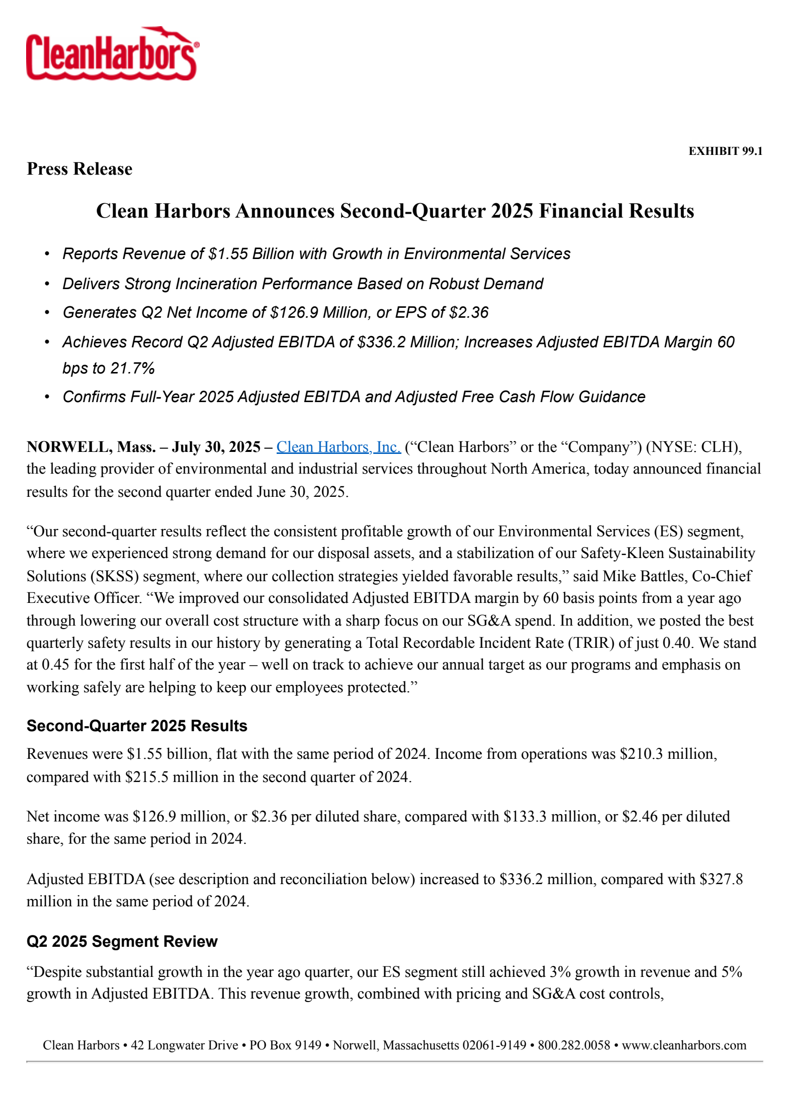 Clean Harbors' Q2 2025 Press Release