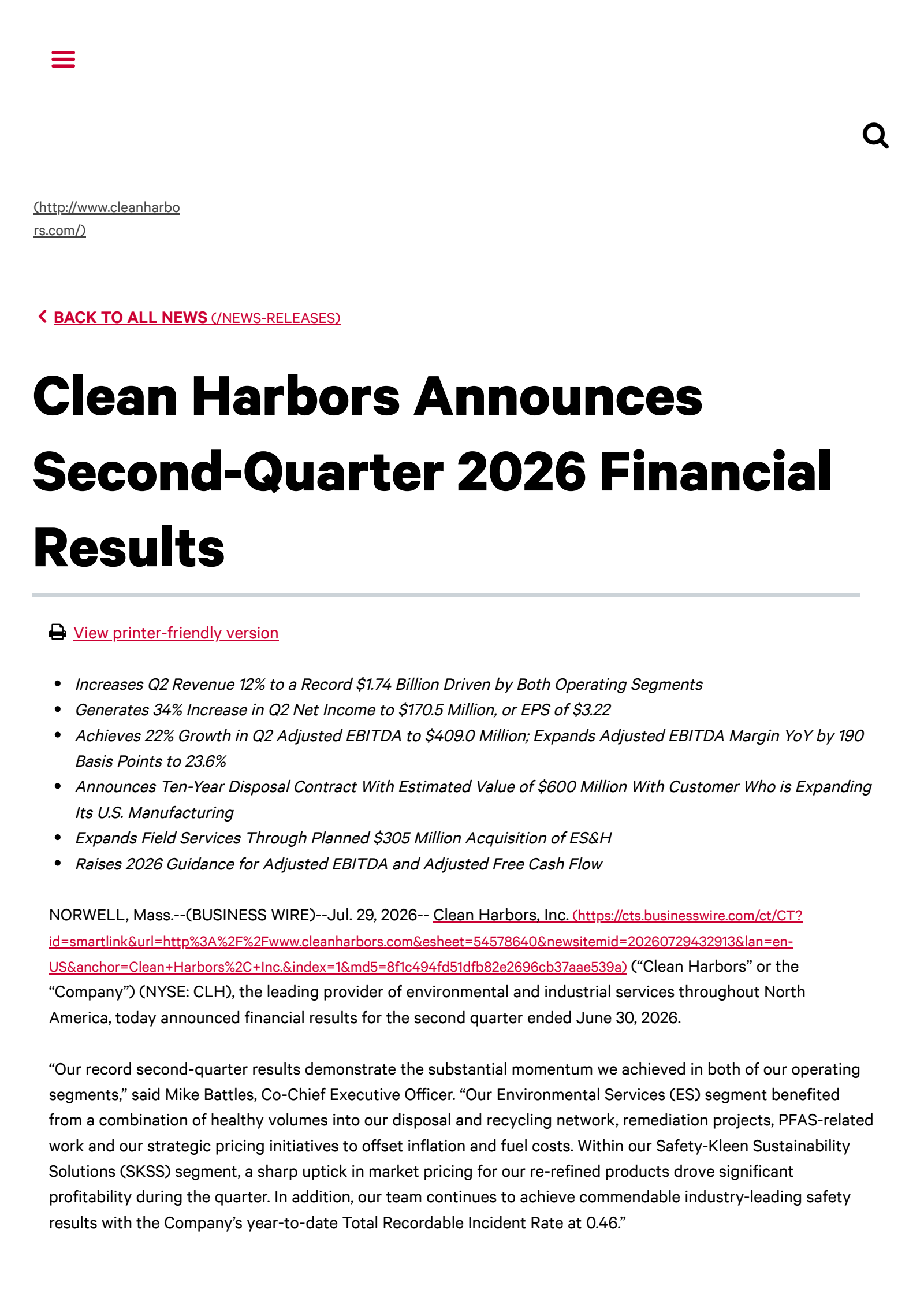 Clean Harbors' Q2 2026 Press Release