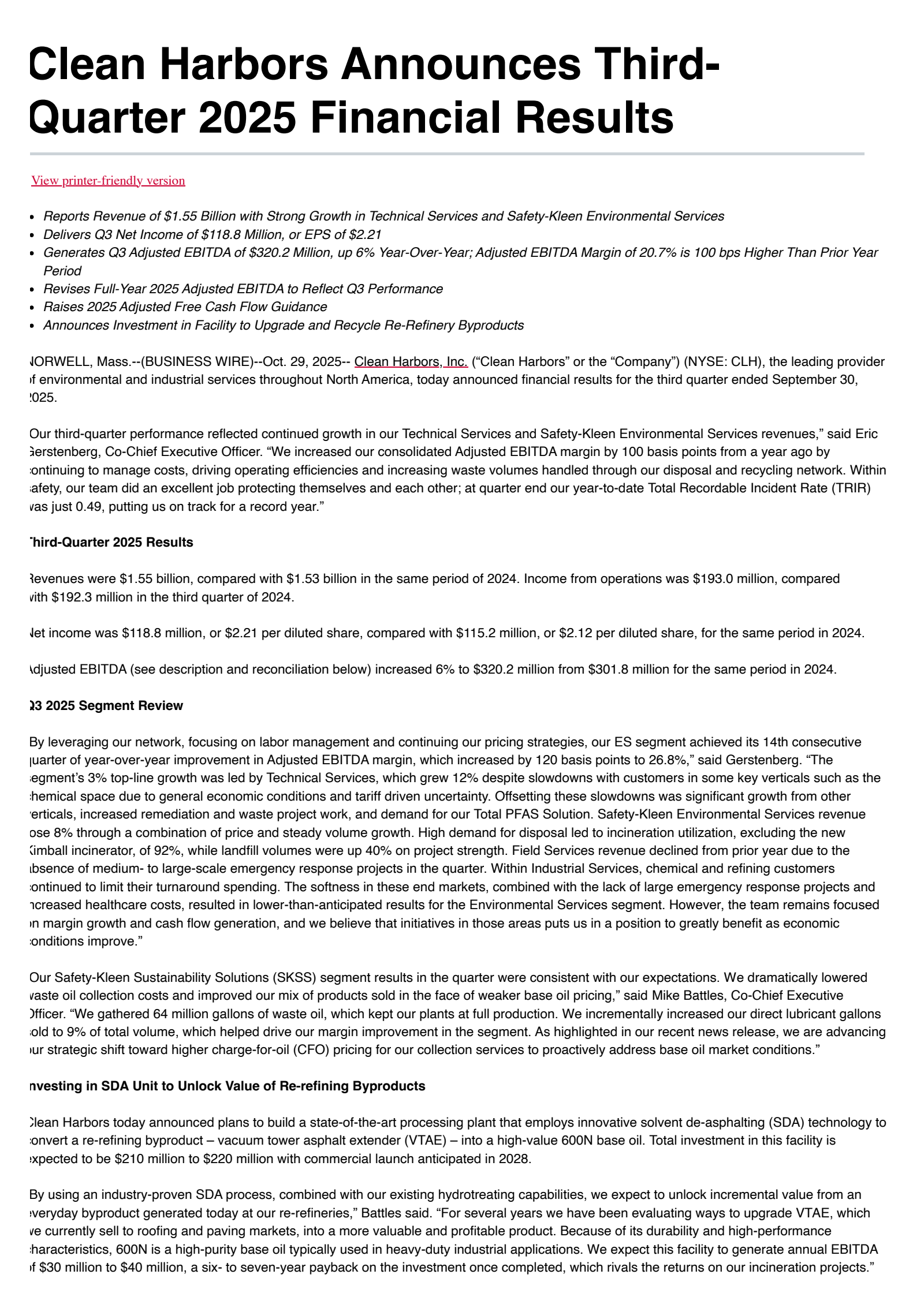Clean Harbors' Q3 2025 Earnings Release