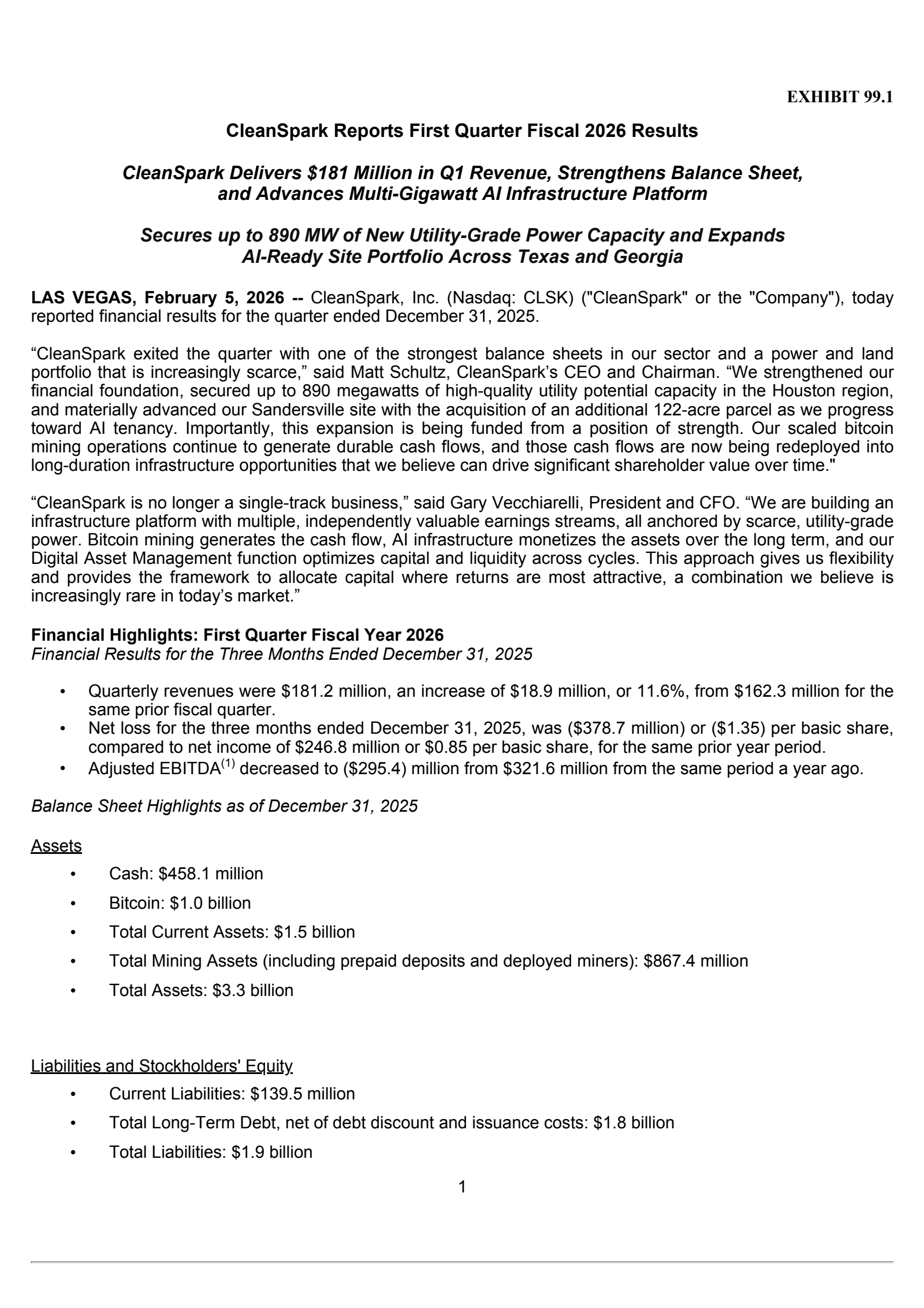 Cleanspark's Q1 2026 Press Release