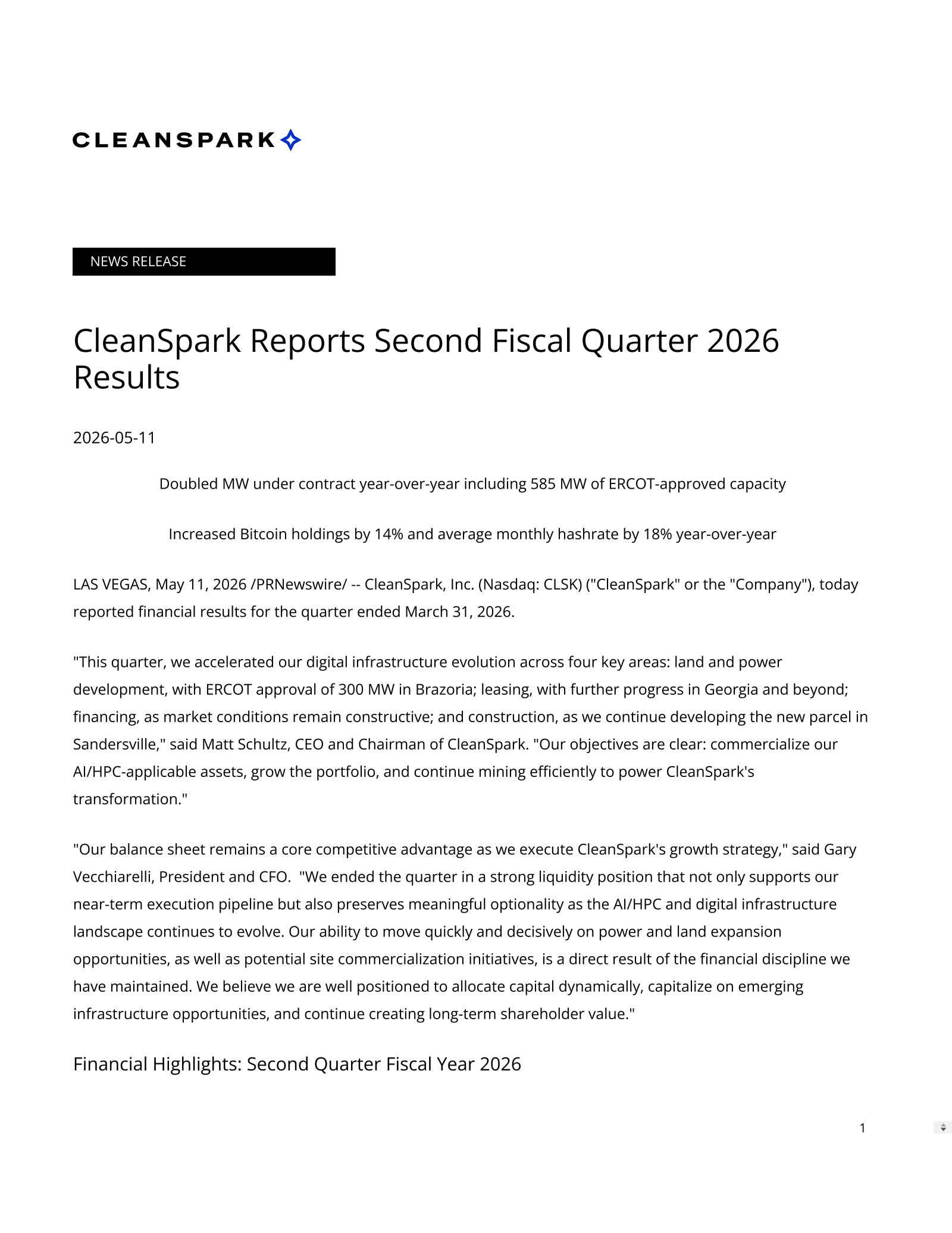 Cleanspark's Q2 2026 Press Release