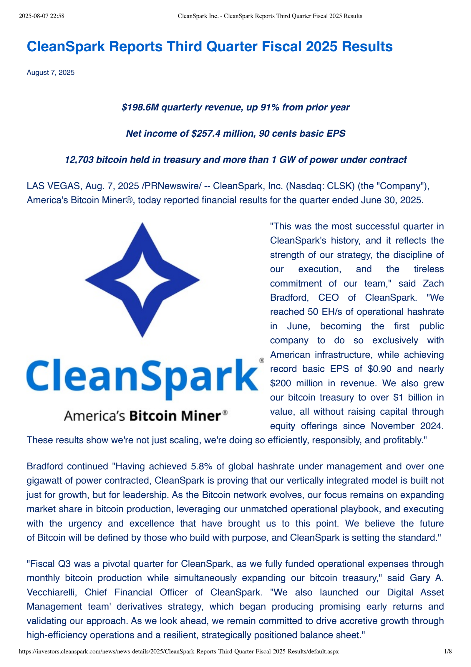Cleanspark's Q3 2025 Press Release