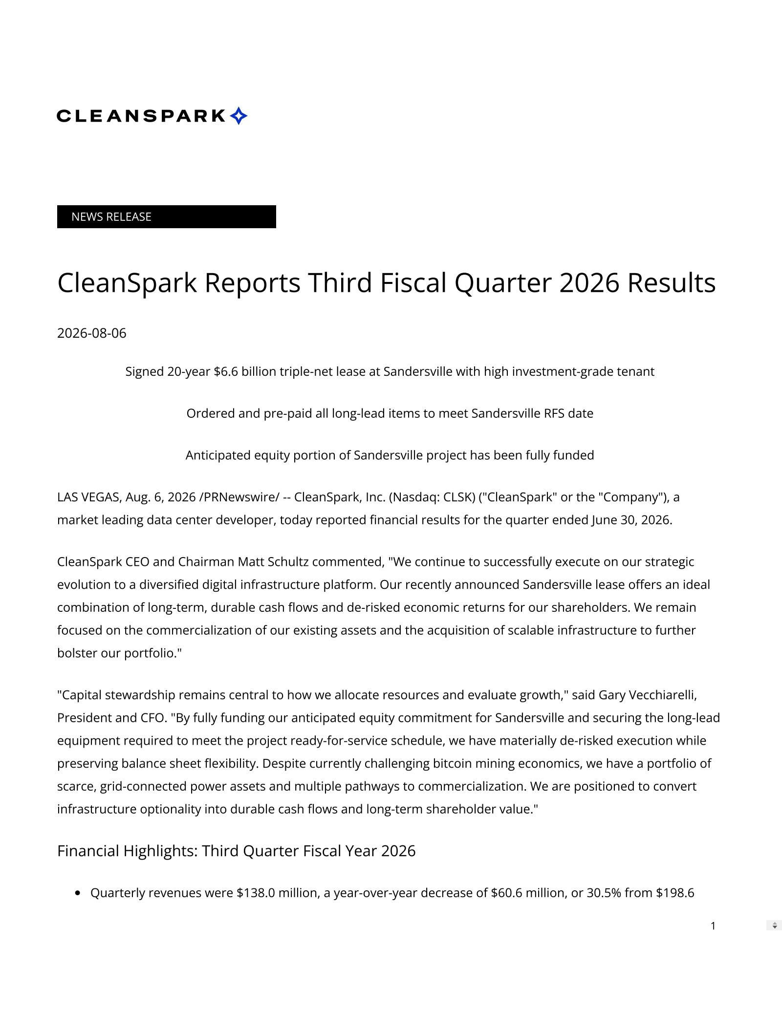 Cleanspark's Q3 2026 Press Release