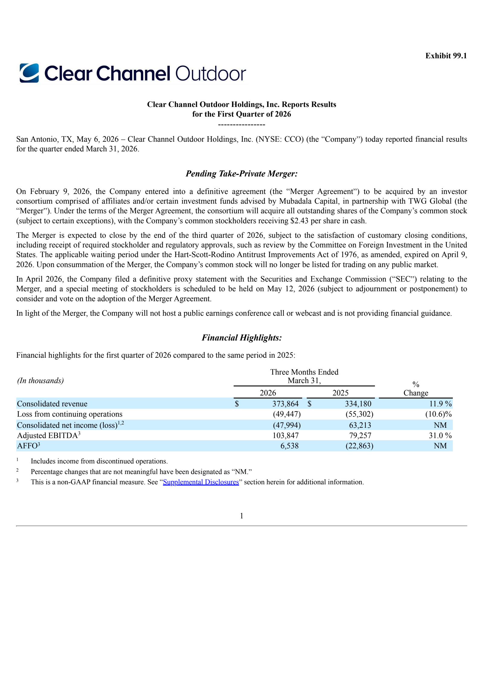 Clear Channel Outdoor's Q1 2026 Press Release