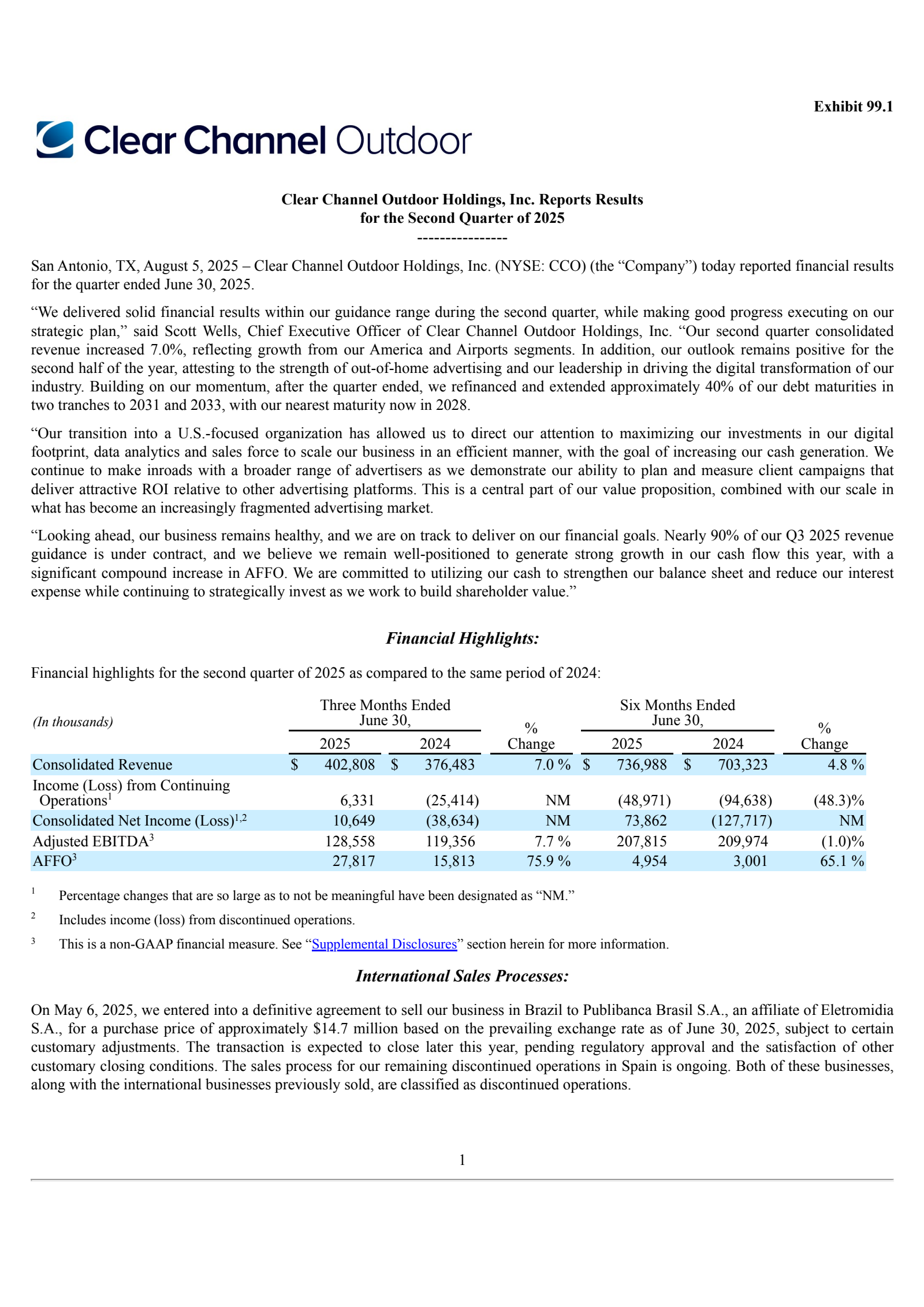 Clear Channel Outdoor's Q2 2025 Press Release