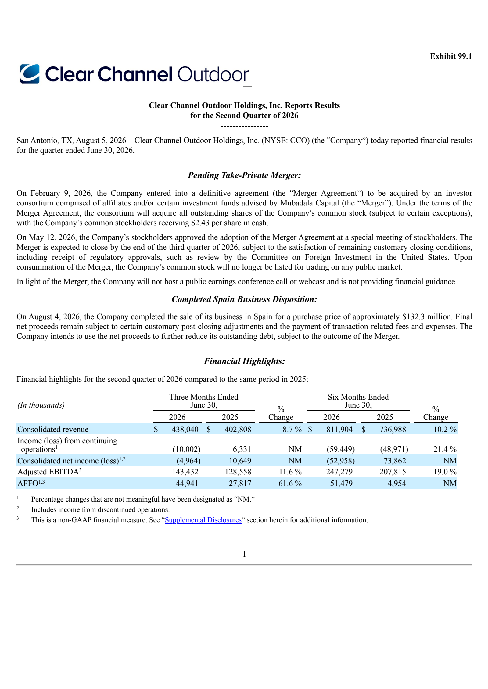 Clear Channel Outdoor's Q2 2026 Press Release