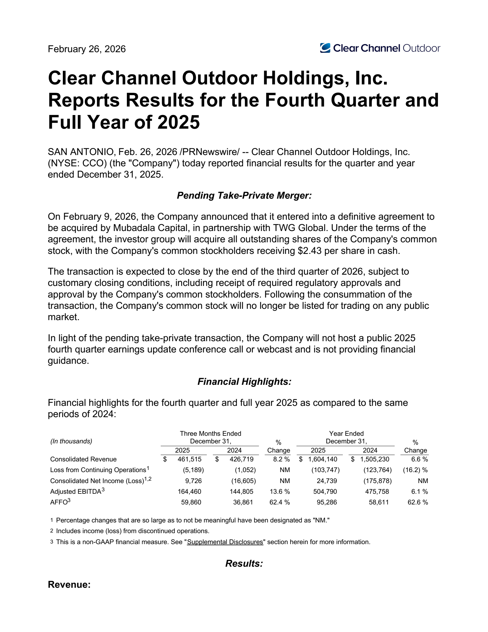 Clear Channel Outdoor's Q4 2025 Press Release