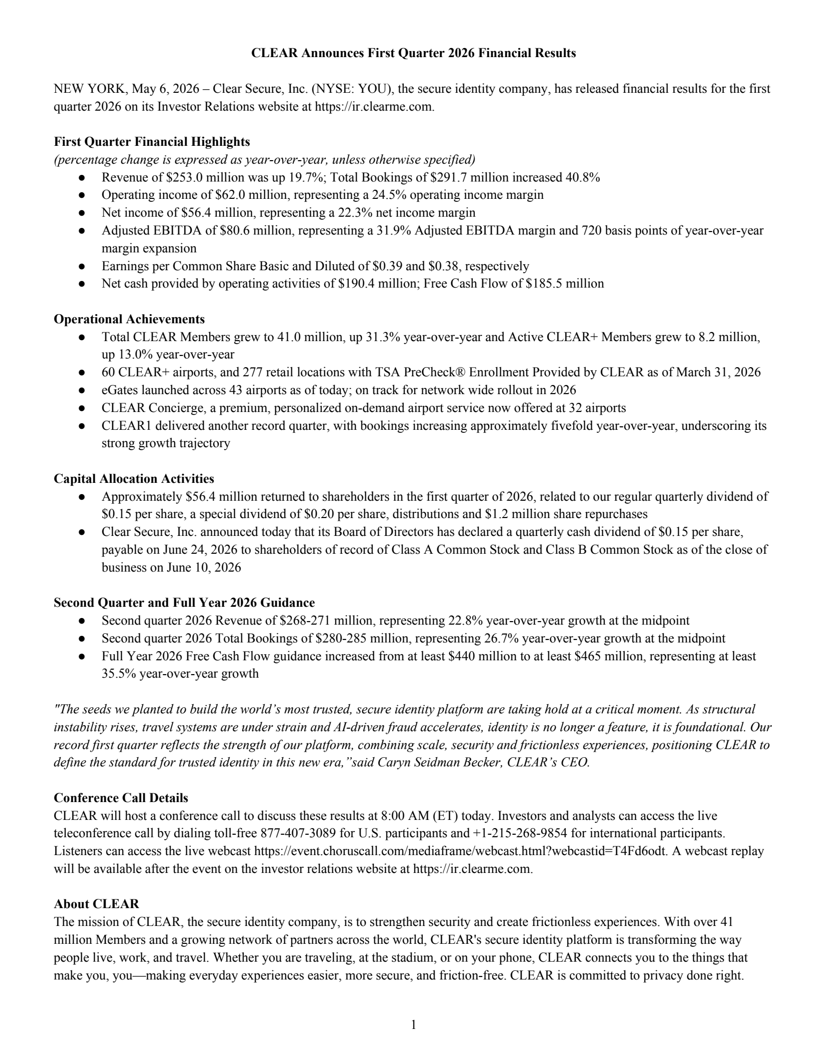 CLEAR Secure's Q1 2026 Press Release