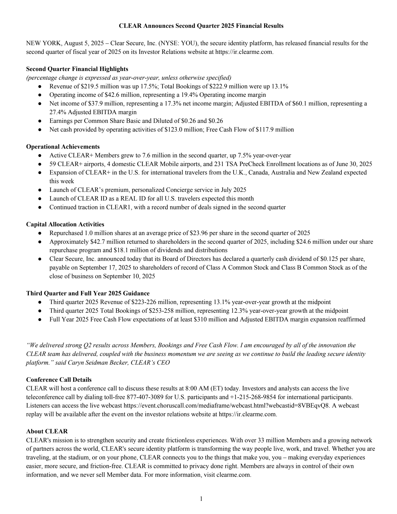 CLEAR Secure's Q2 2025 Press Release