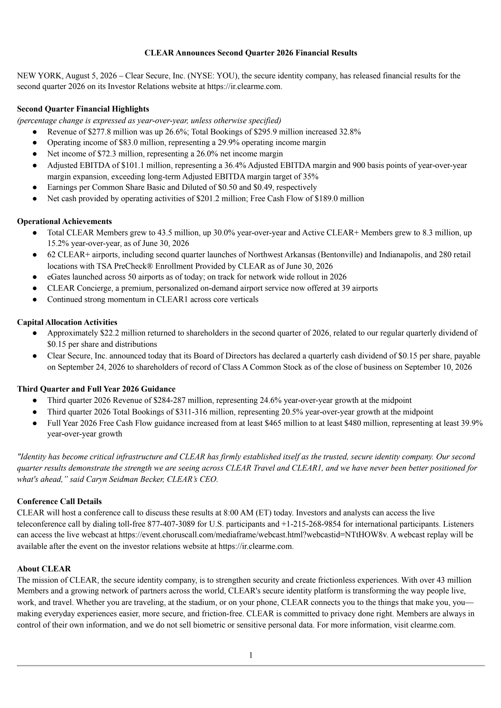 CLEAR Secure's Q2 2026 Press Release