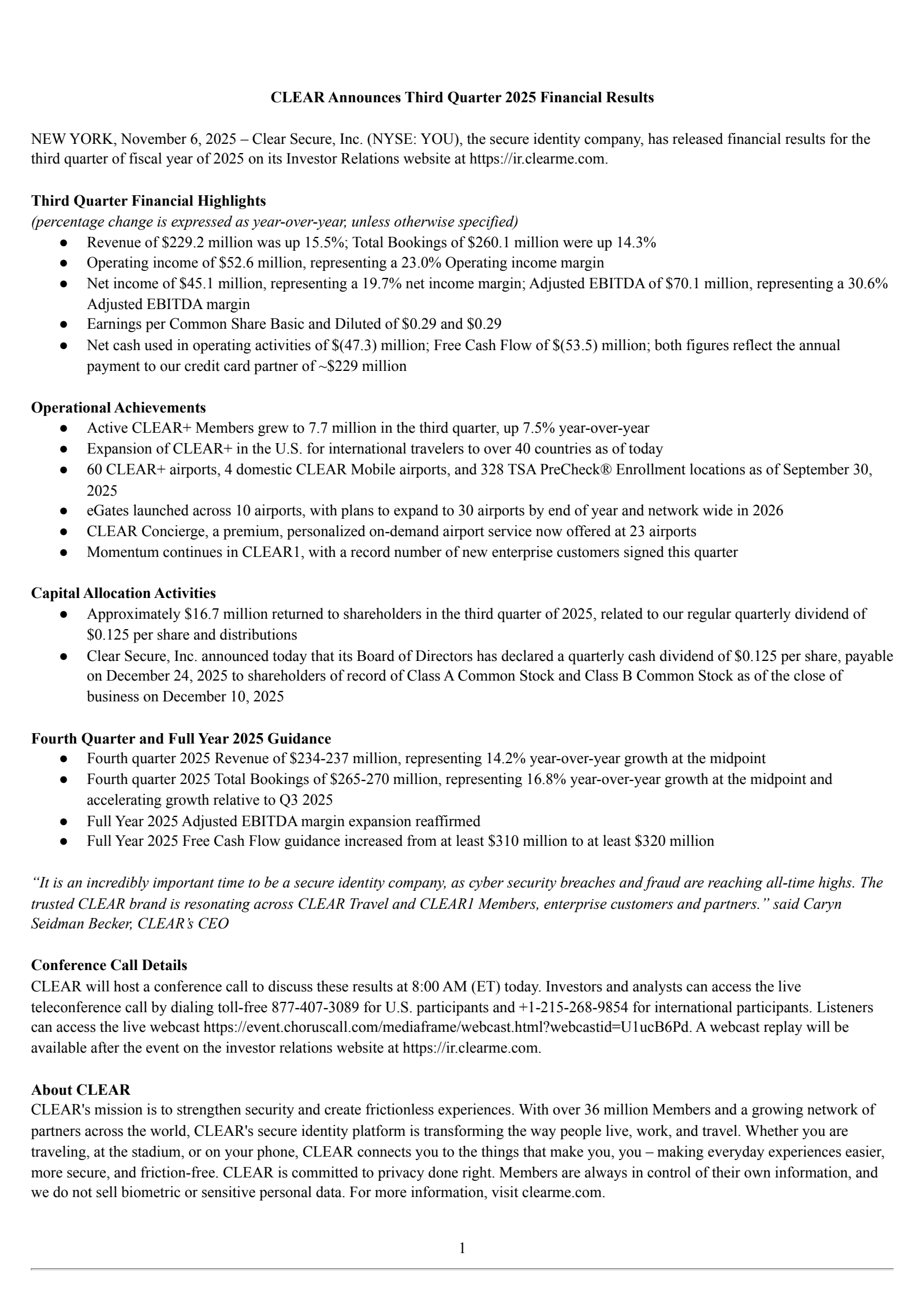CLEAR Secure's Q3 2025 Earnings Release