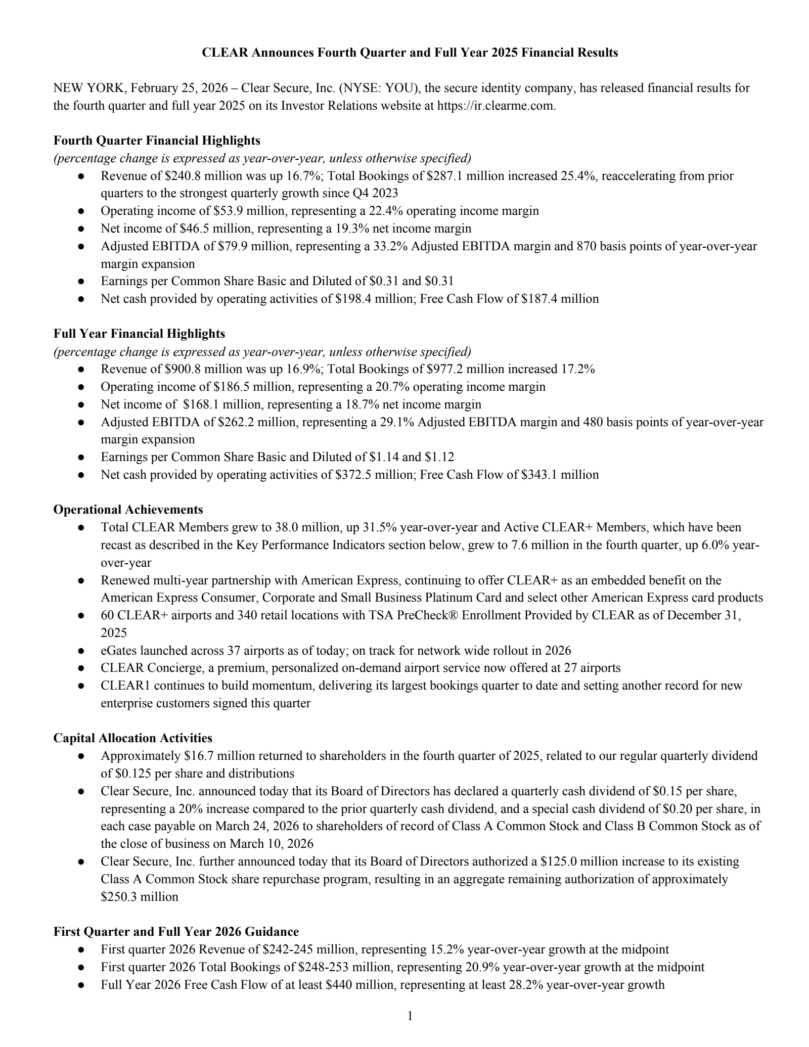 CLEAR Secure's Q4 2025 Press Release