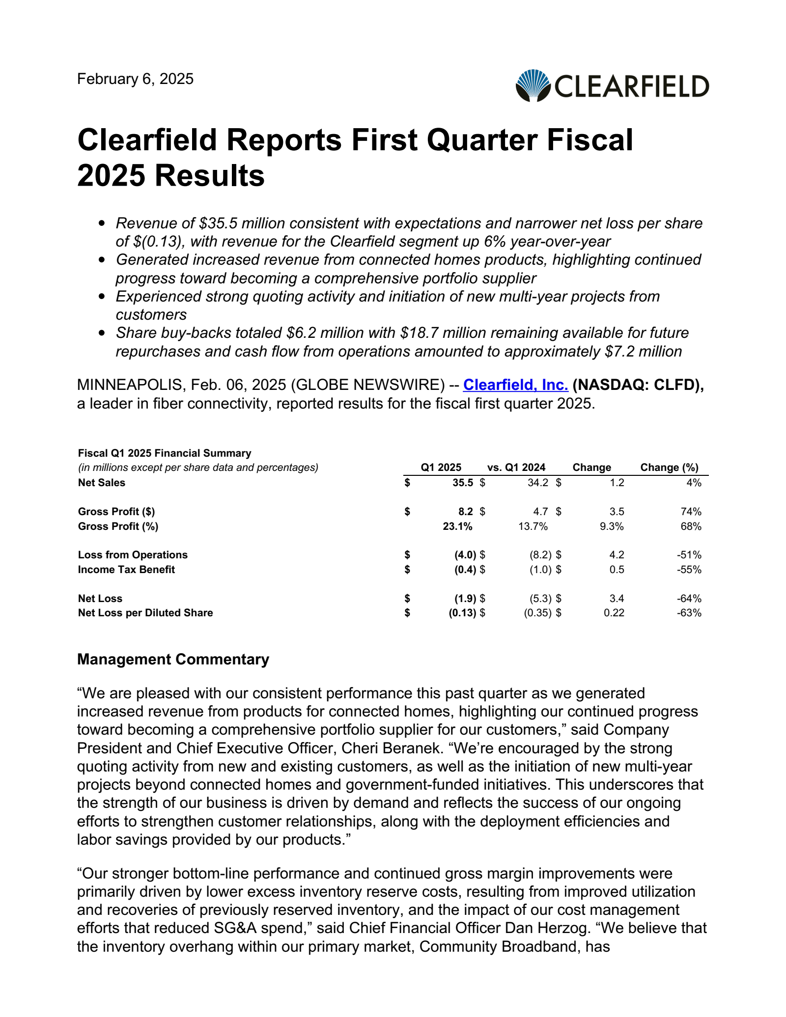 Clearfield's Q1 2025 Earnings Release