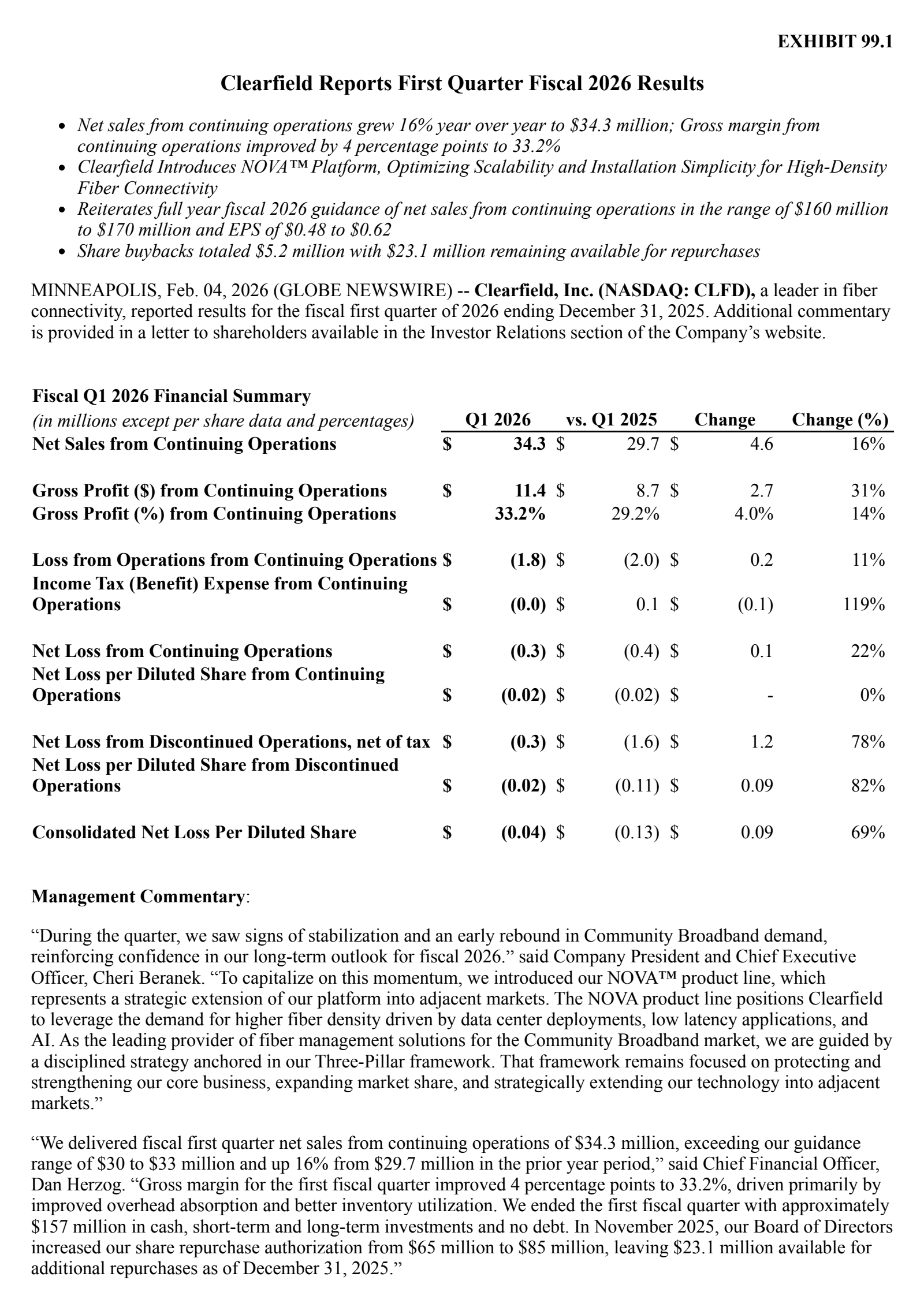 Clearfield's Q1 2026 Press Release