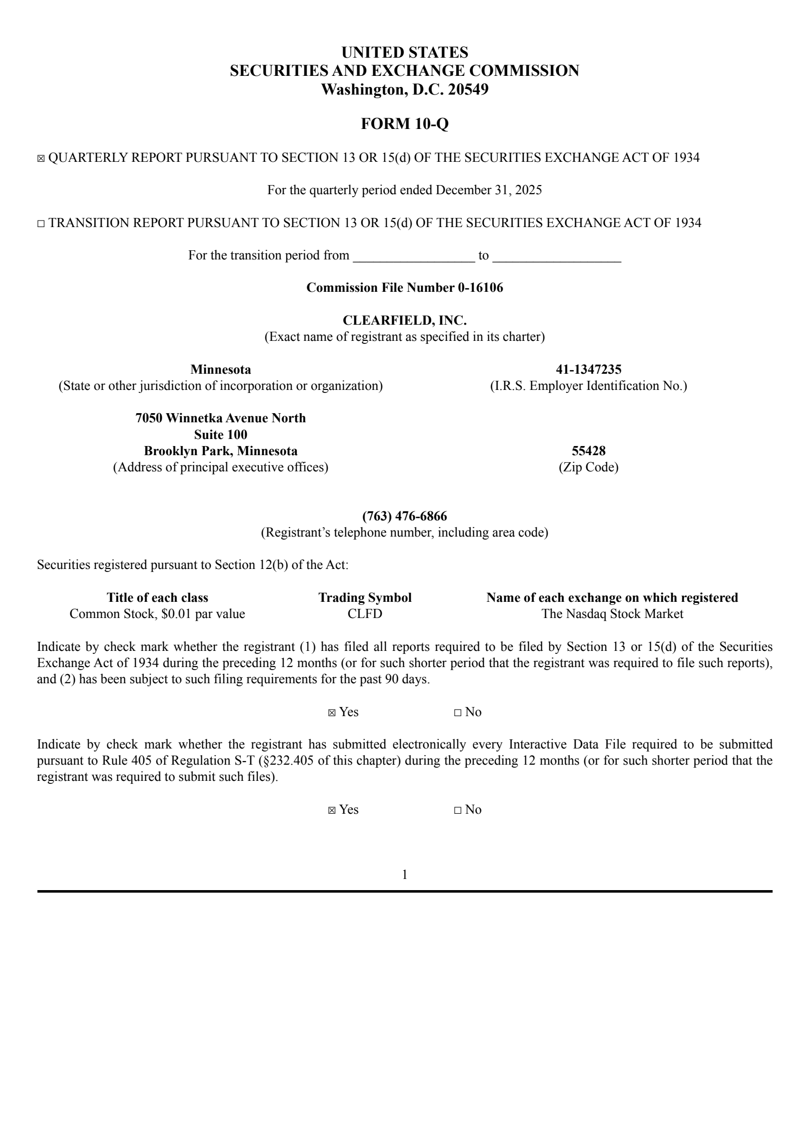 Clearfield's Q1 2026 Quarterly report